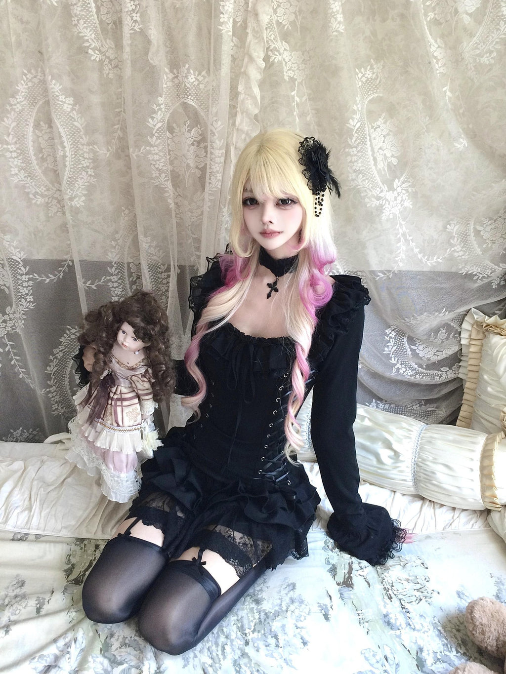 Sub Era Gothic Off Shoulder Lace Up Court Sleeve Black Women's Lace Blouses