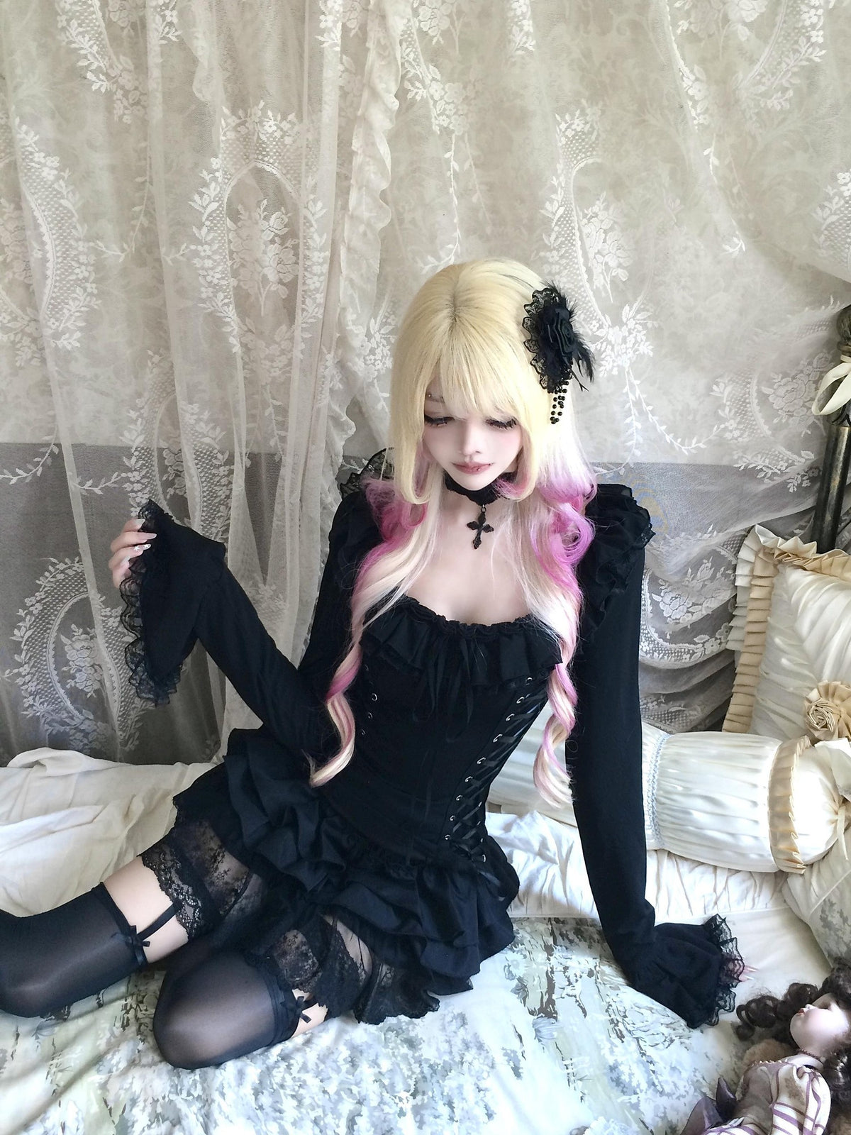 Sub Era Gothic Off Shoulder Lace Up Court Sleeve Black Women's Lace Blouses