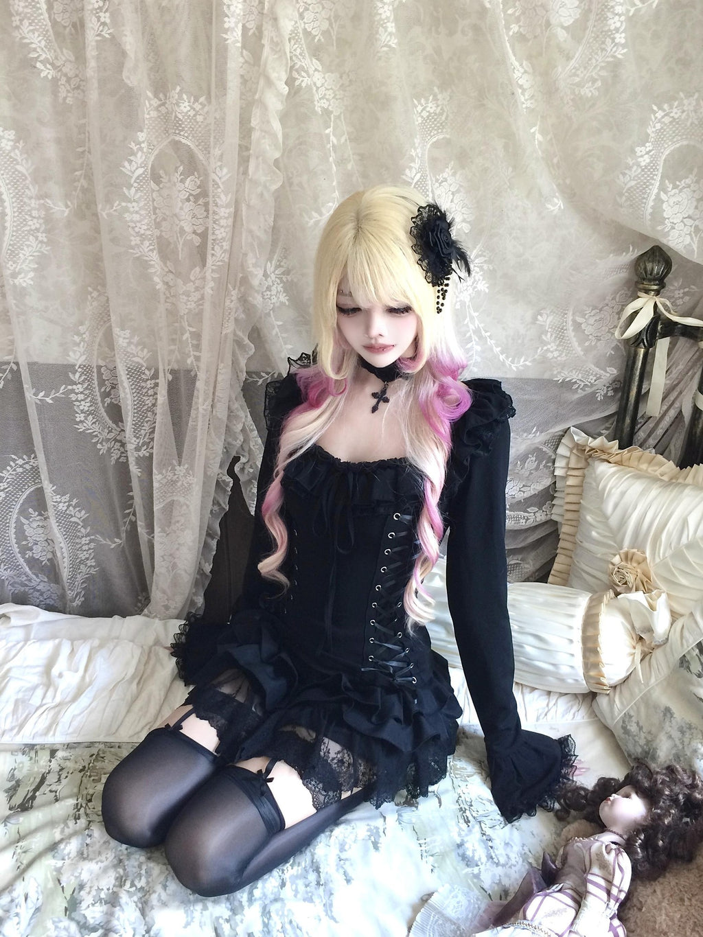 Sub Era Gothic Off Shoulder Lace Up Court Sleeve Black Women's Lace Blouses