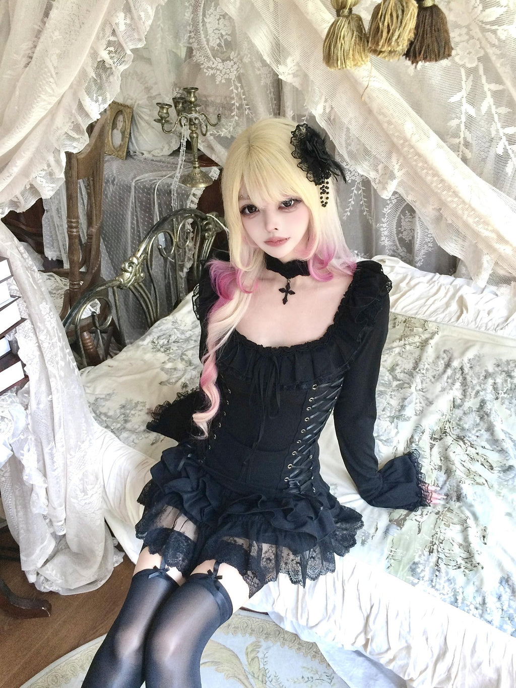 Sub Era Gothic Off Shoulder Lace Up Court Sleeve Black Women's Lace Blouses