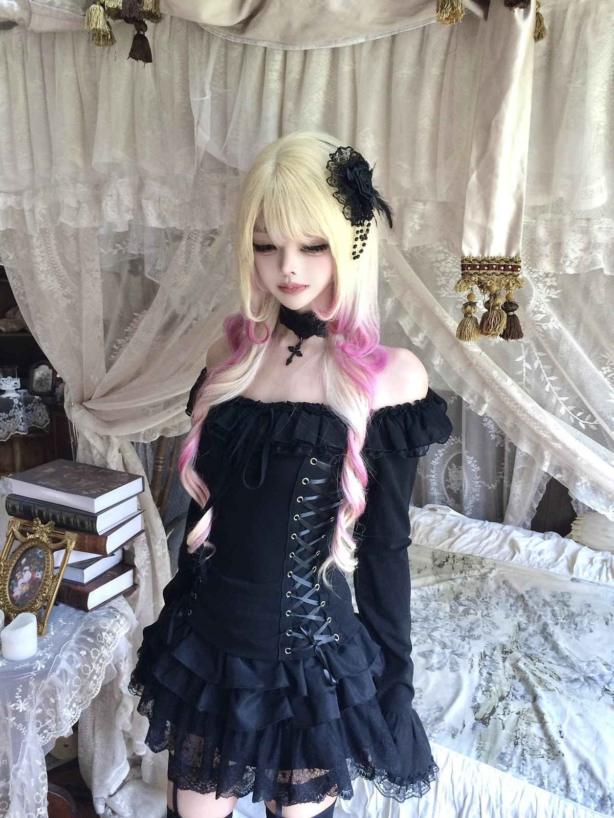 Sub Era Gothic Off Shoulder Lace Up Court Sleeve Black Women's Lace Blouses