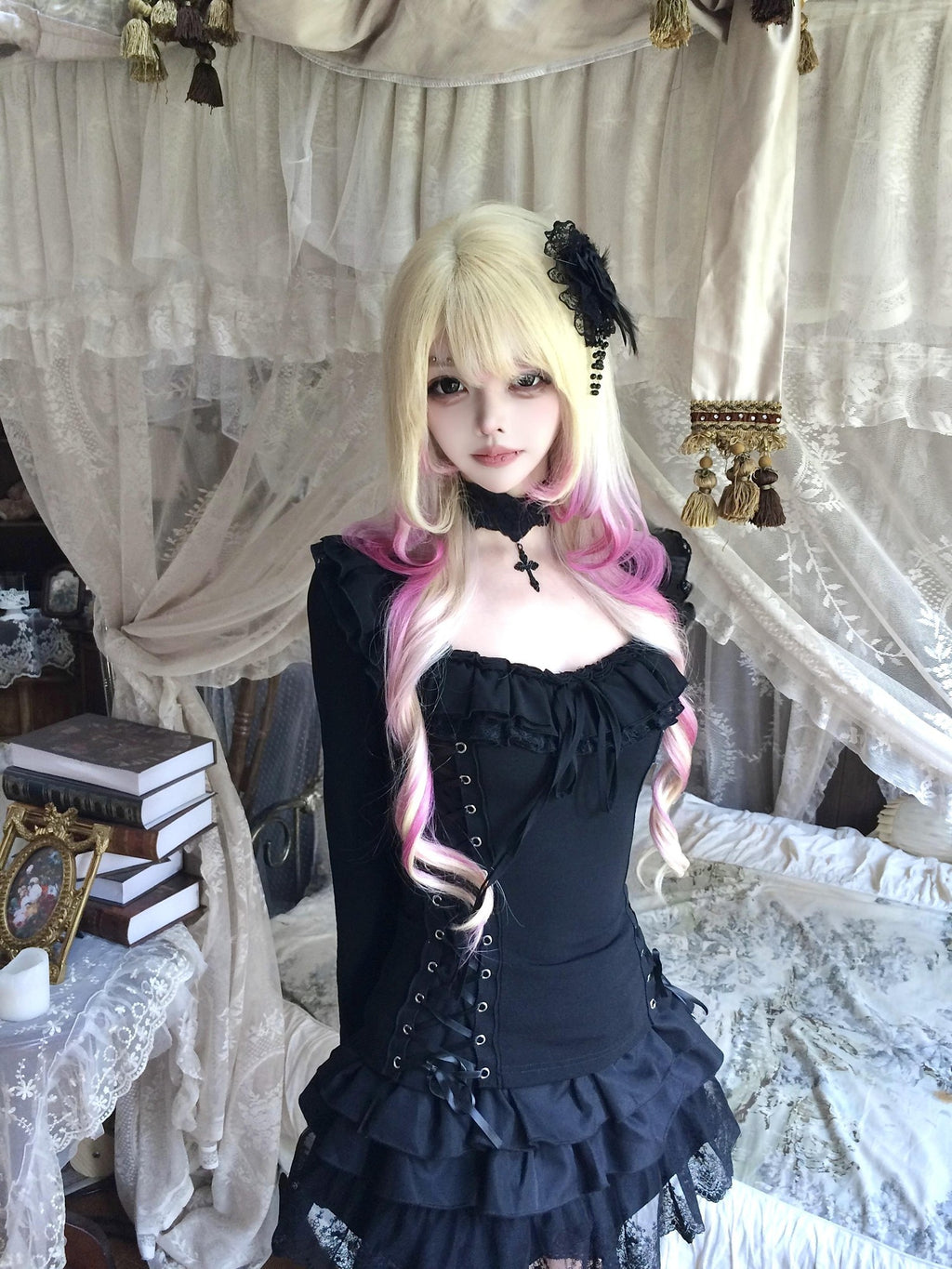 Sub Era Gothic Off Shoulder Lace Up Court Sleeve Black Women's Lace Blouses