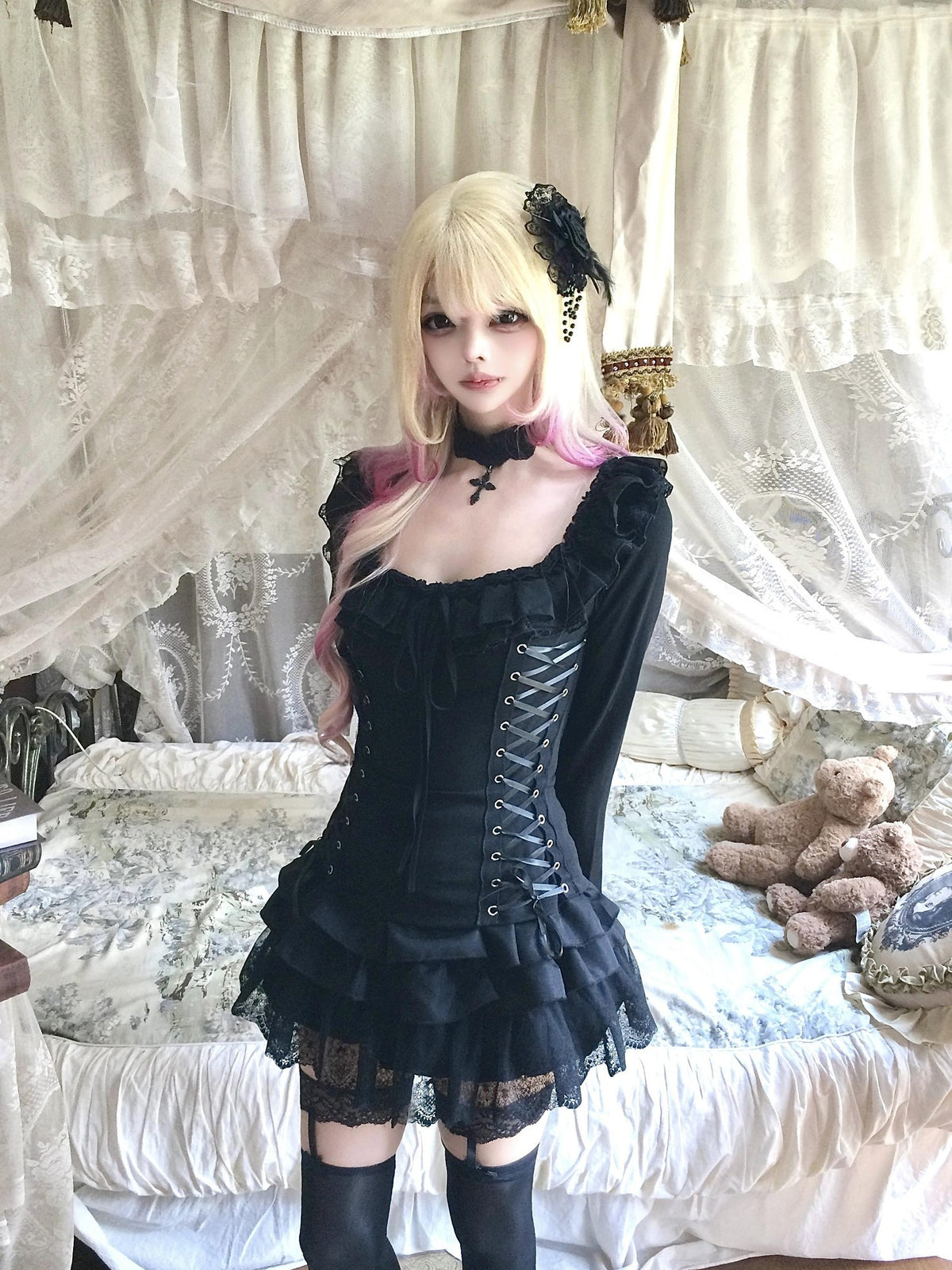 Sub Era Gothic Off Shoulder Lace Up Court Sleeve Black Women's Lace Blouses