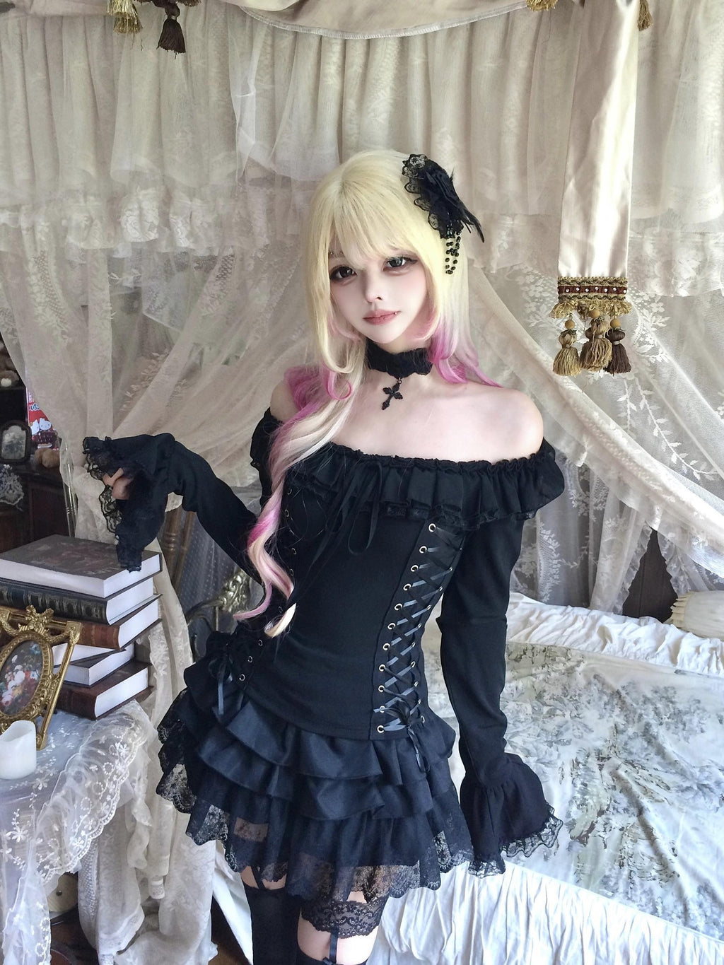 Sub Era Gothic Off Shoulder Lace Up Court Sleeve Black Women's Lace Blouses