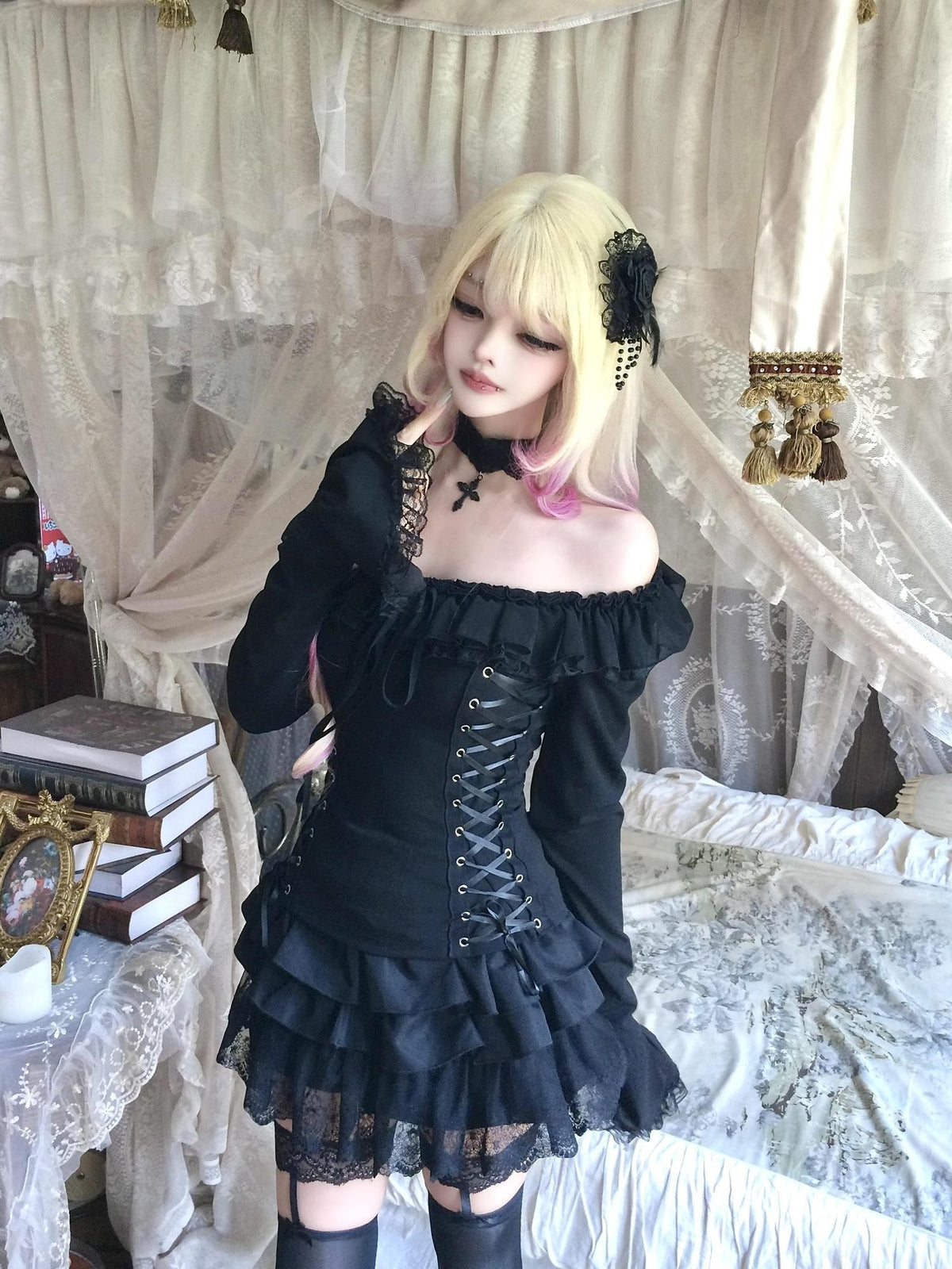 Sub Era Gothic Off Shoulder Lace Up Court Sleeve Black Women's Lace Blouses