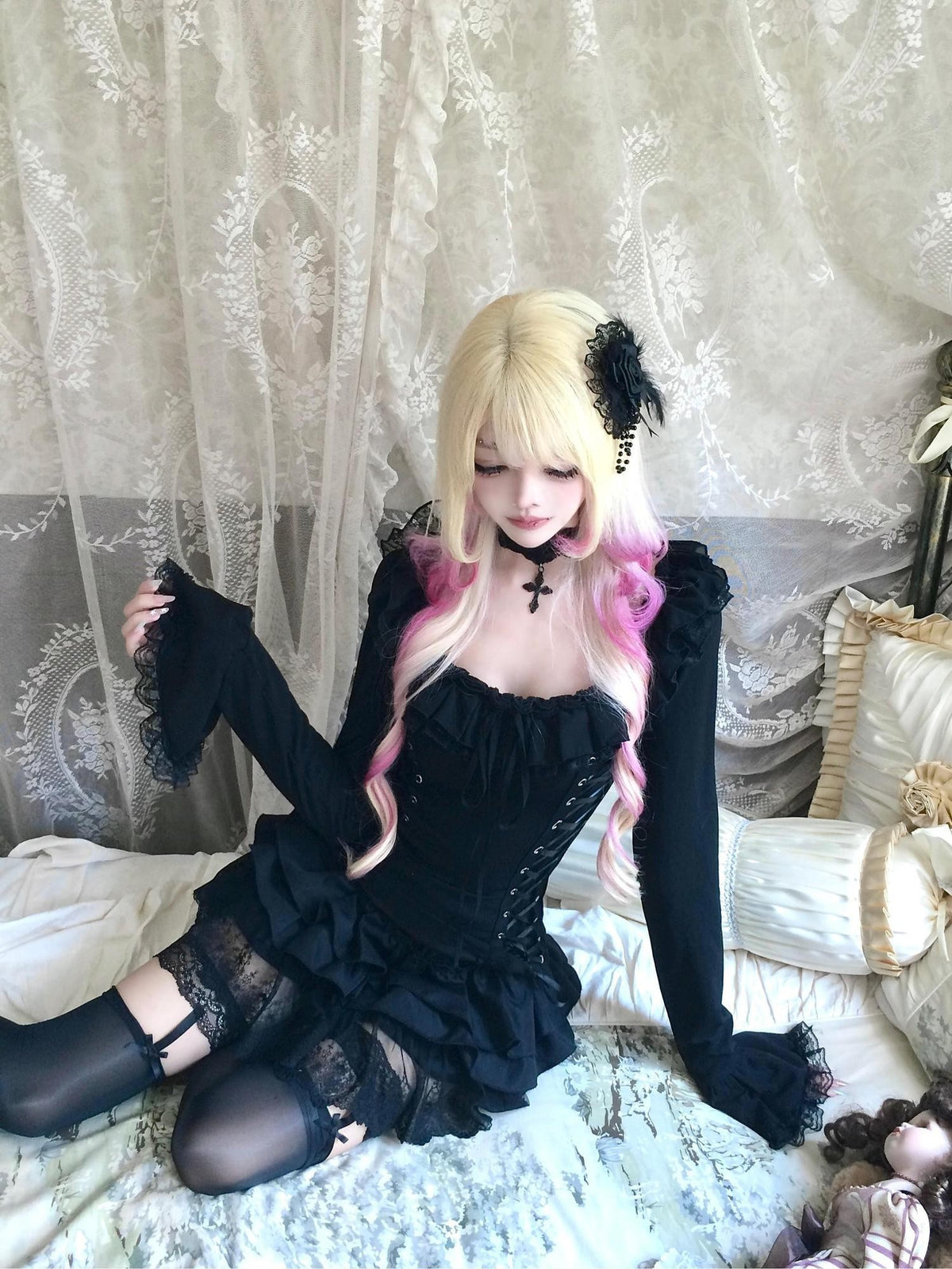 Sub Era Gothic Off Shoulder Lace Up Court Sleeve Black Women's Lace Blouses