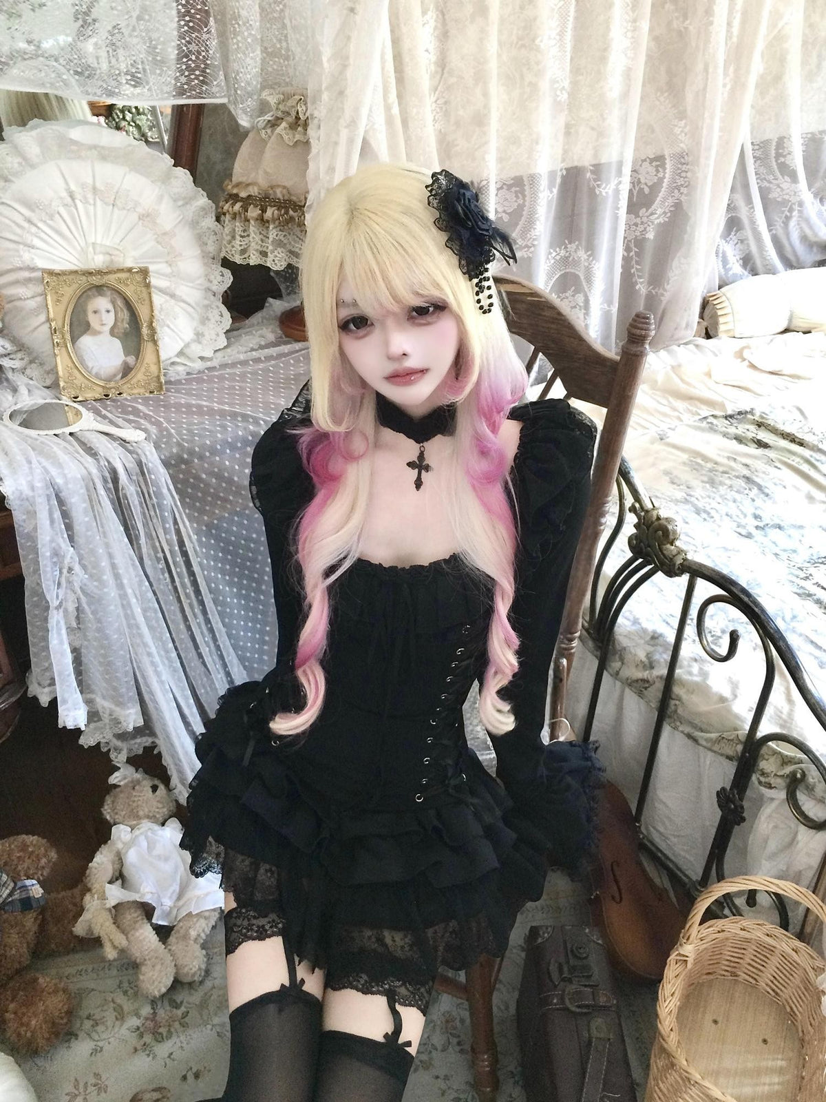 Sub Era Gothic Off Shoulder Lace Up Court Sleeve Black Women's Lace Blouses