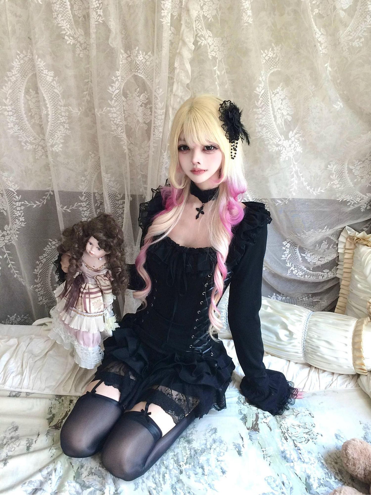 Sub Era Gothic Off Shoulder Lace Up Court Sleeve Black Women's Lace Blouses