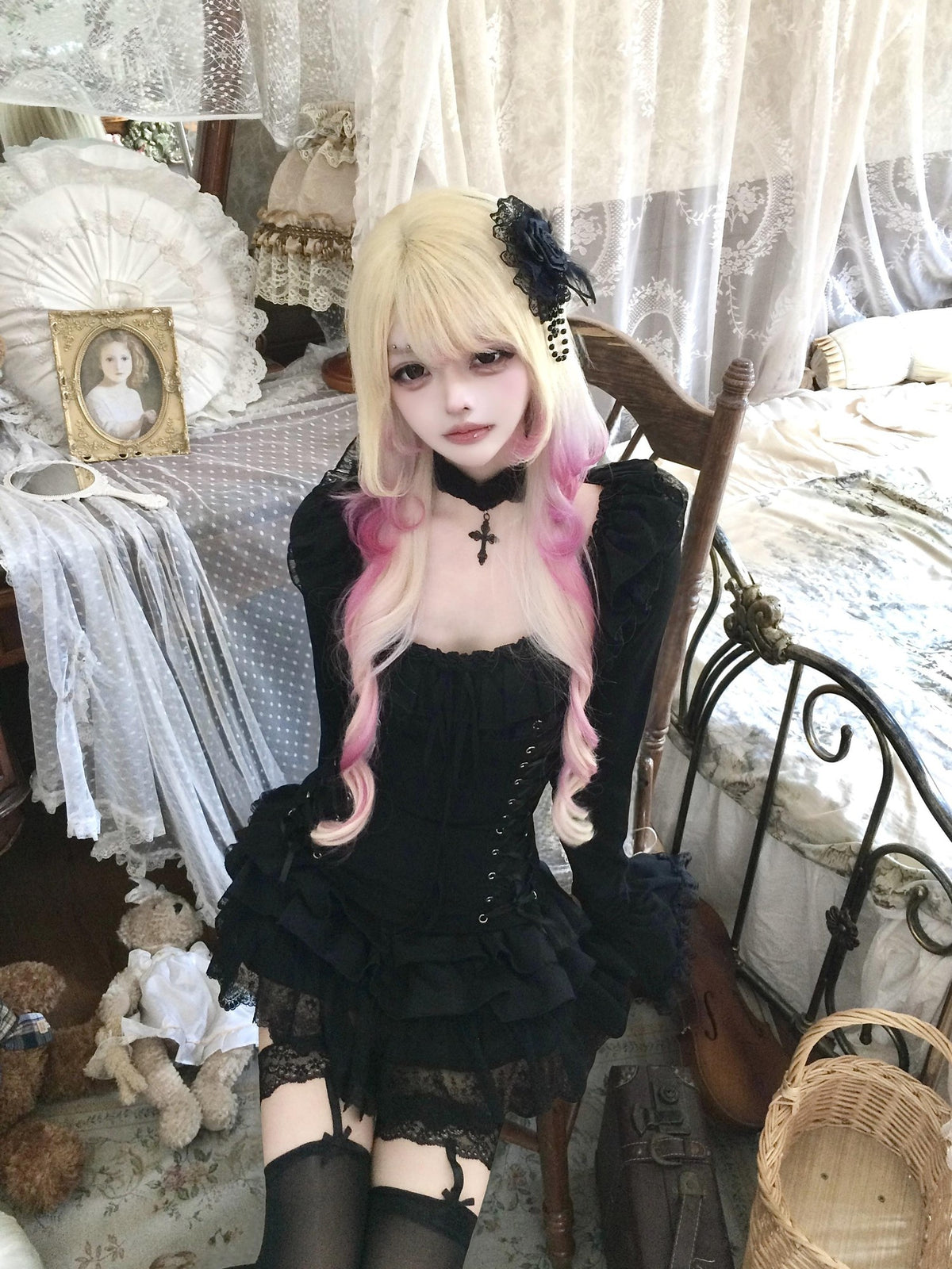Sub Era Gothic Off Shoulder Lace Up Court Sleeve Black Women's Lace Blouses