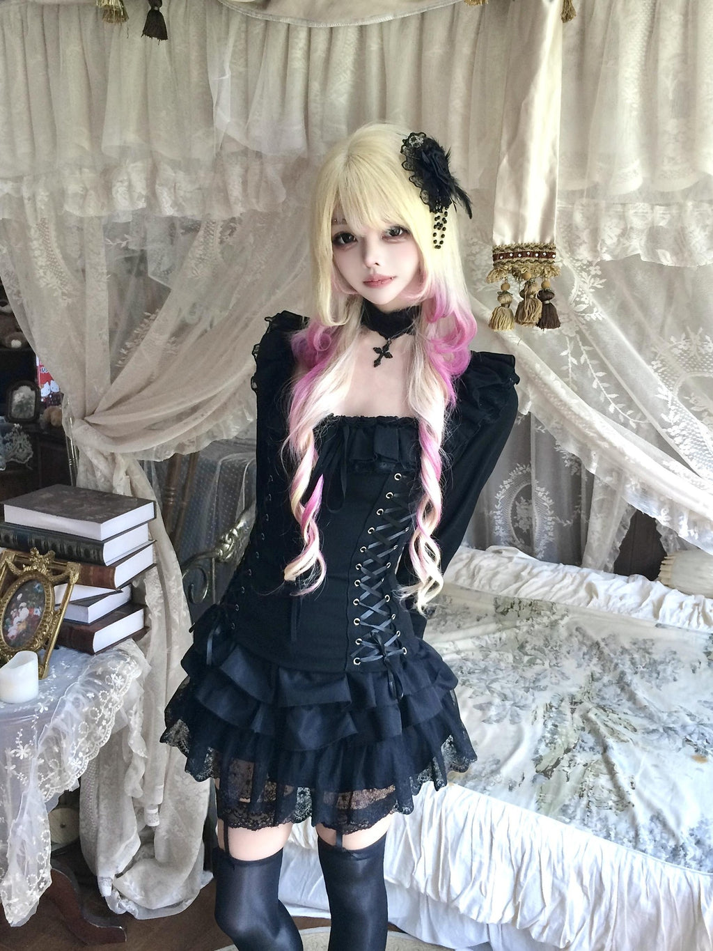 Sub Era Gothic Off Shoulder Lace Up Court Sleeve Black Women's Lace Blouses