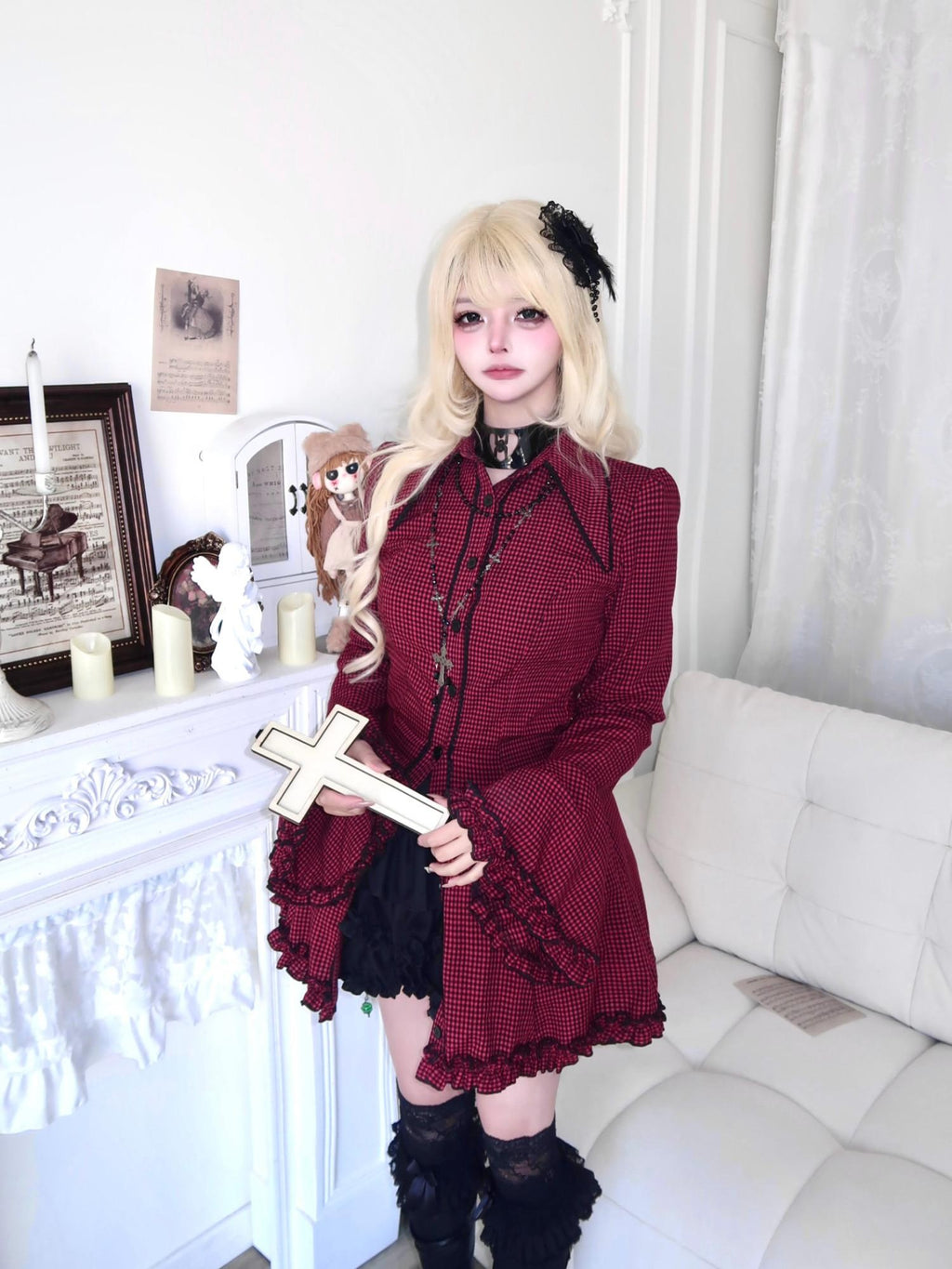 Sub Era Gothic Plaid Ruffle Bow Long Sleeve Women's Corset Mini Dresses