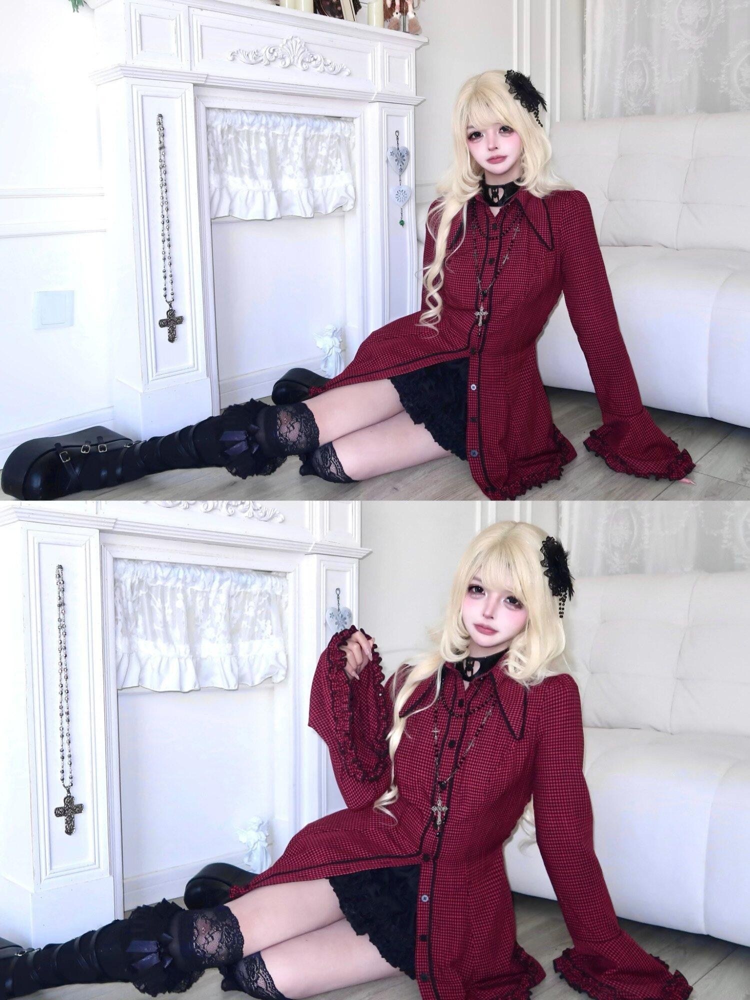 Sub Era Gothic Plaid Ruffle Bow Long Sleeve Women's Corset Mini Dresses