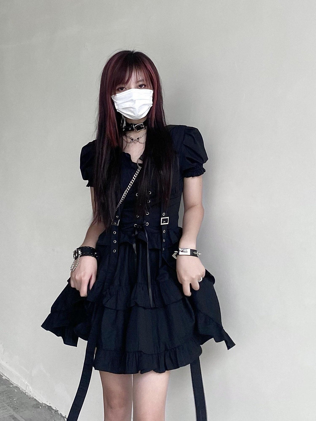 Sub Era Gothic Punk Metal Lace Up Tiered High Waist Women's Casual Midi Dresses