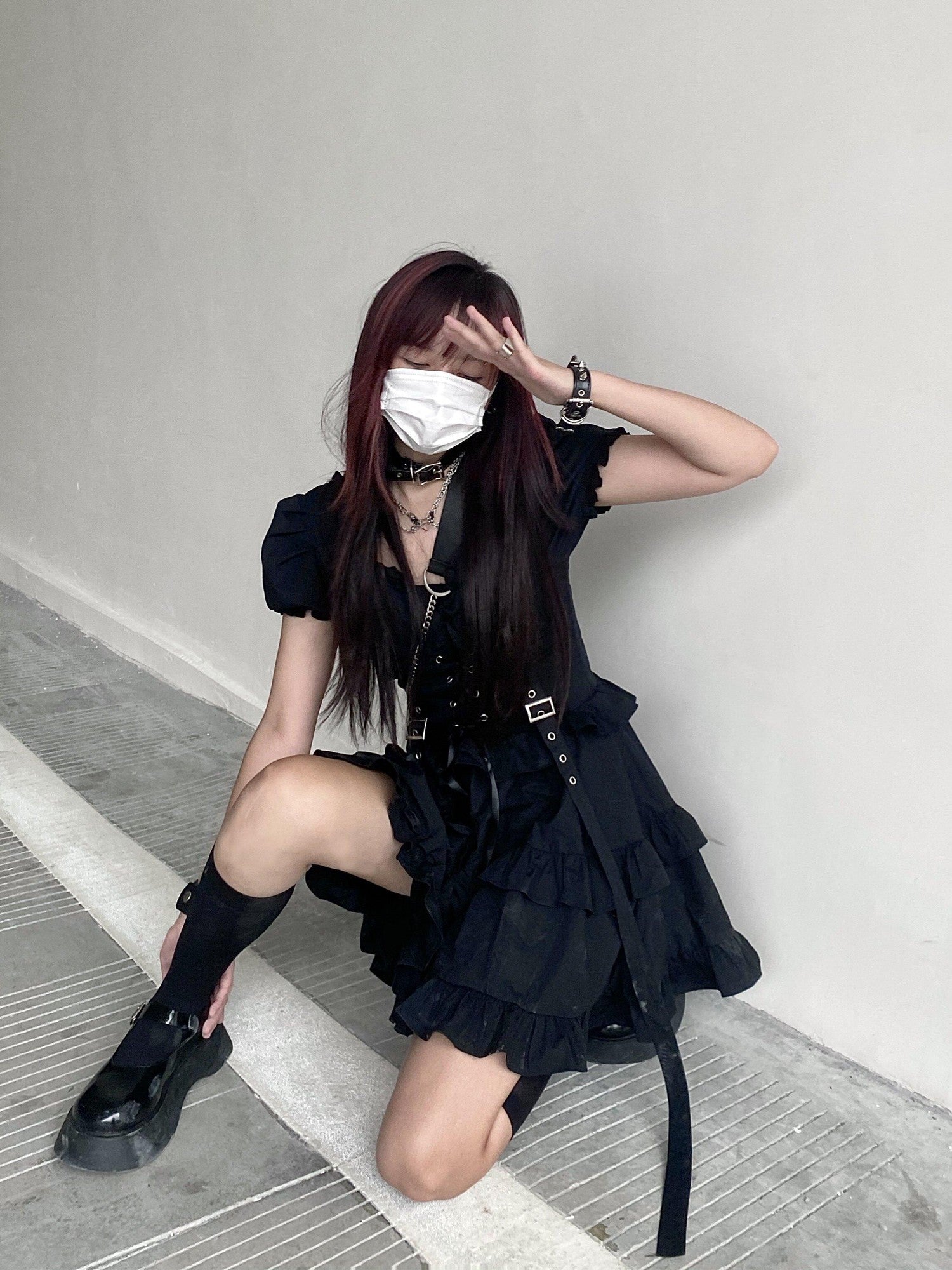 Sub Era Gothic Punk Metal Lace Up Tiered High Waist Women's Casual Midi Dresses