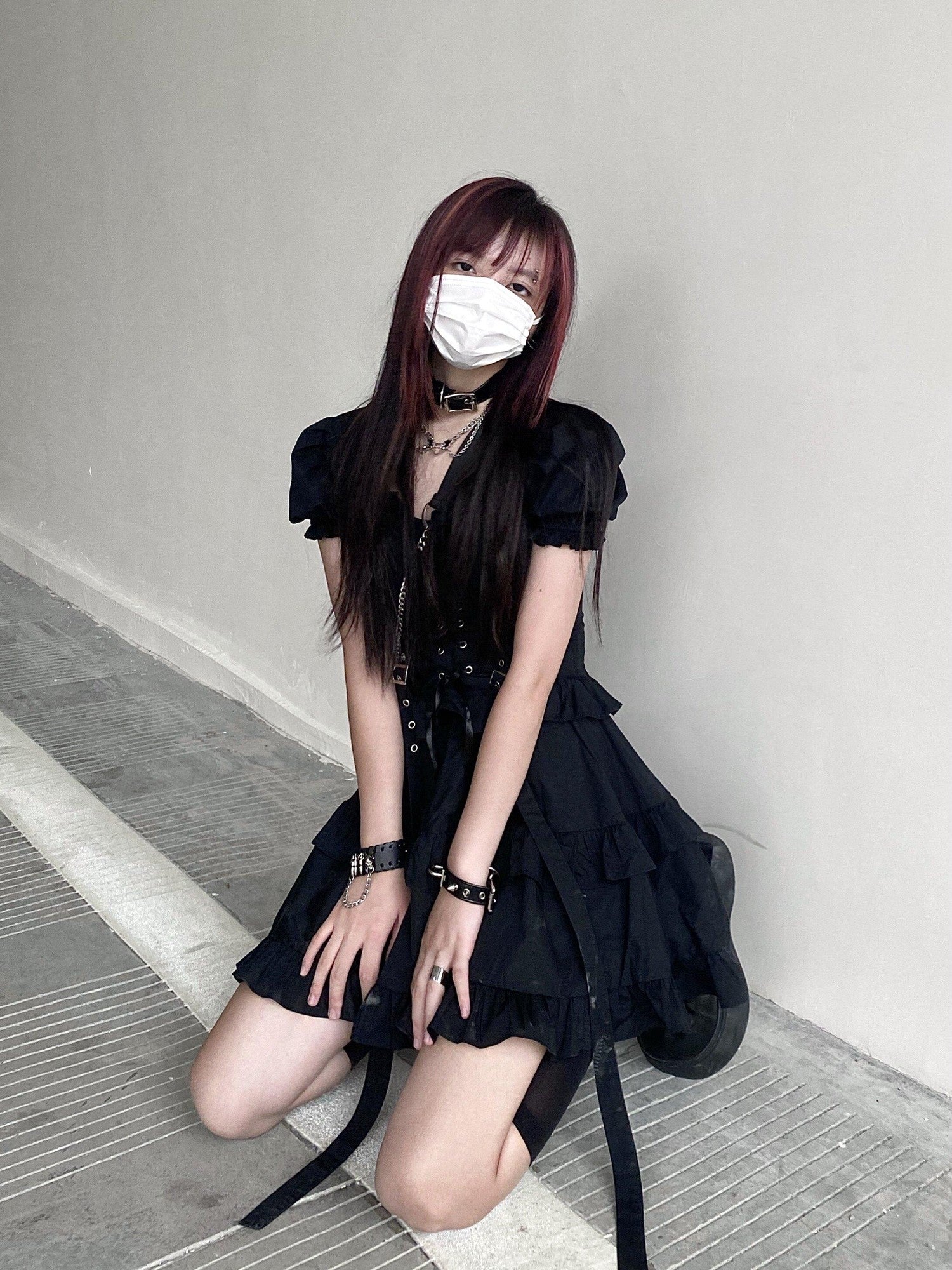 Sub Era Gothic Punk Metal Lace Up Tiered High Waist Women's Casual Midi Dresses