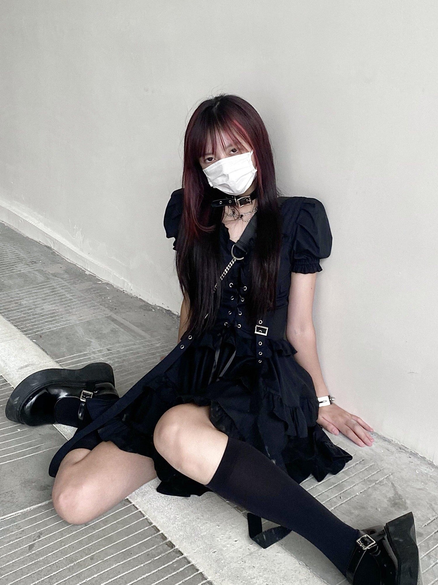 Sub Era Gothic Punk Metal Lace Up Tiered High Waist Women's Casual Midi Dresses