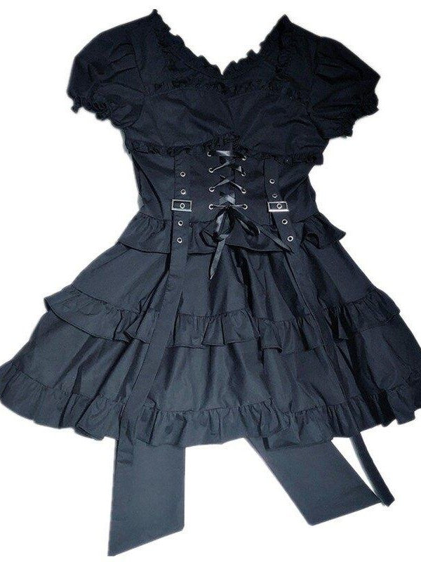 Sub Era Gothic Punk Metal Lace Up Tiered High Waist Women's Casual Midi Dresses