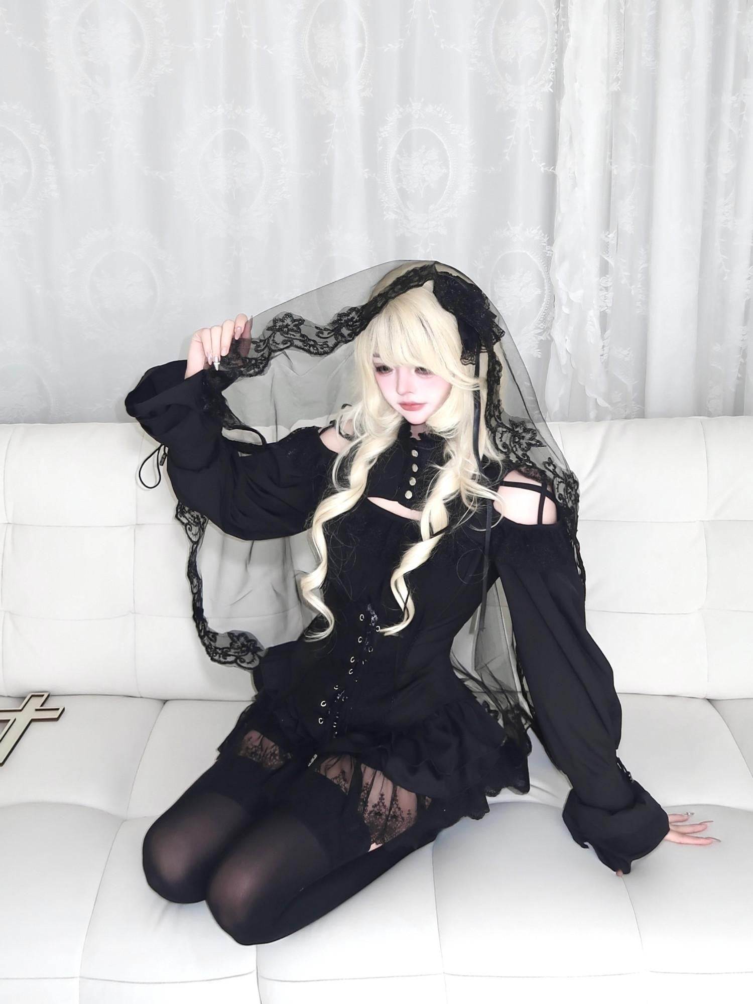 Sub Era Gothic Rose Off Shoulder Lace Tie Slim Women's Polyester Long Sleeve T-shirts
