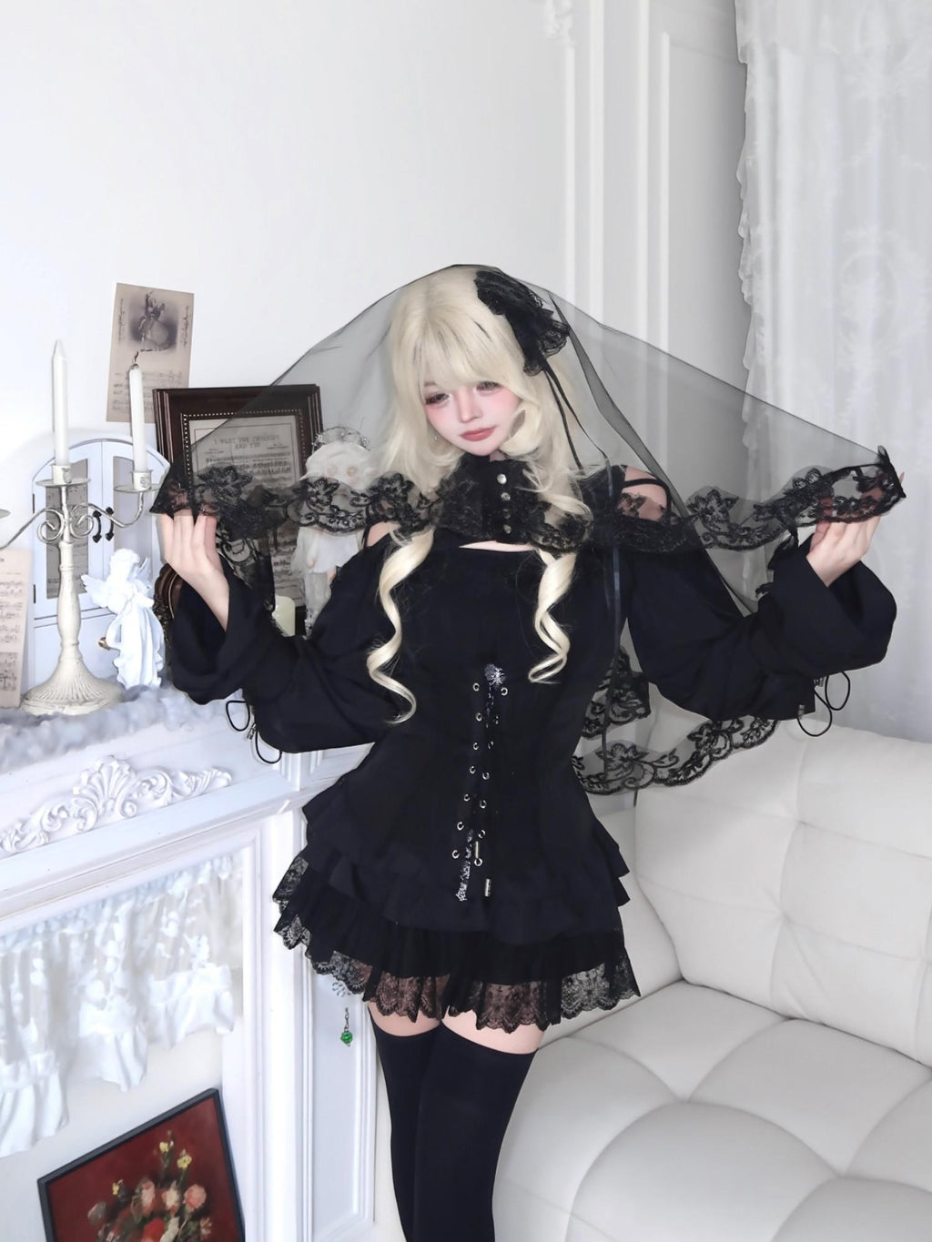 Sub Era Gothic Rose Off Shoulder Lace Tie Slim Women's Polyester Long Sleeve T-shirts