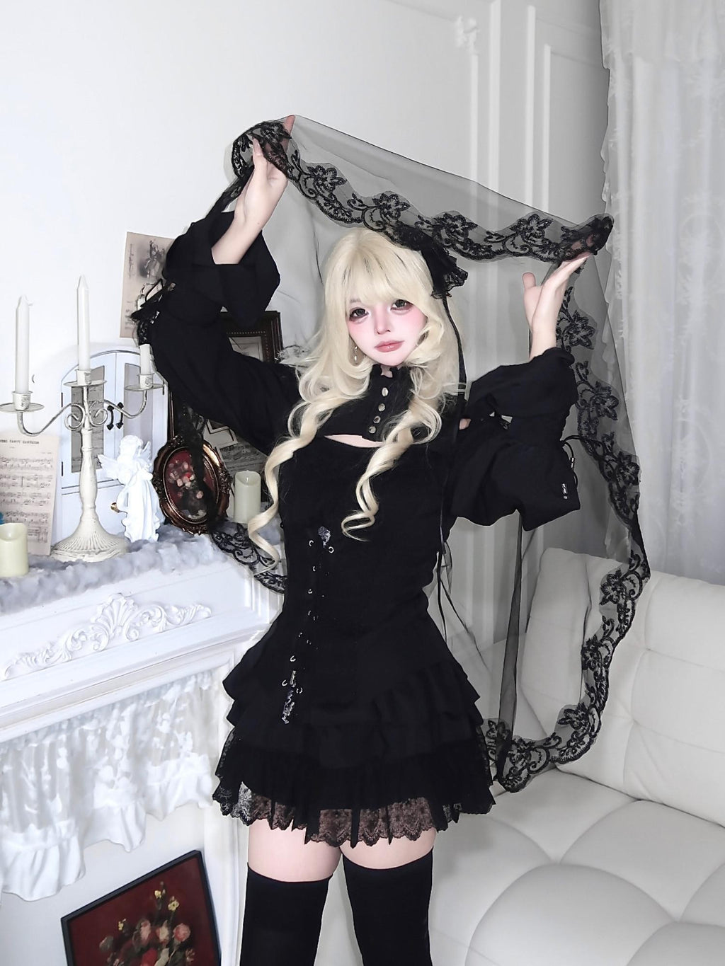 Sub Era Gothic Rose Off Shoulder Lace Tie Slim Women's Polyester Long Sleeve T-shirts