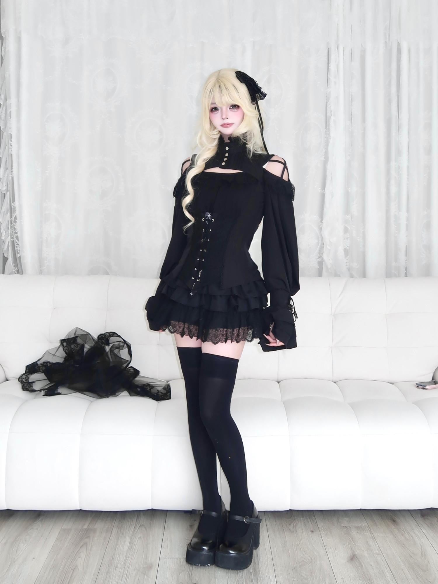 Sub Era Gothic Rose Off Shoulder Lace Tie Slim Women's Polyester Long Sleeve T-shirts