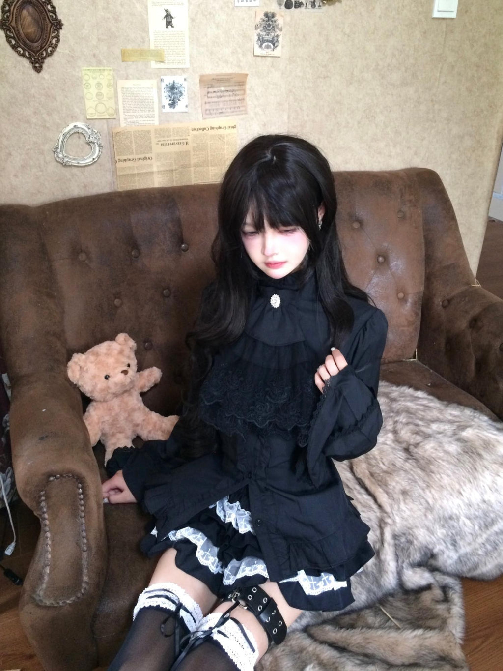Sub Era Gothic Ruffle Court Sleeve Slim Fitted Women's Polyester Long Sleeve Shirts