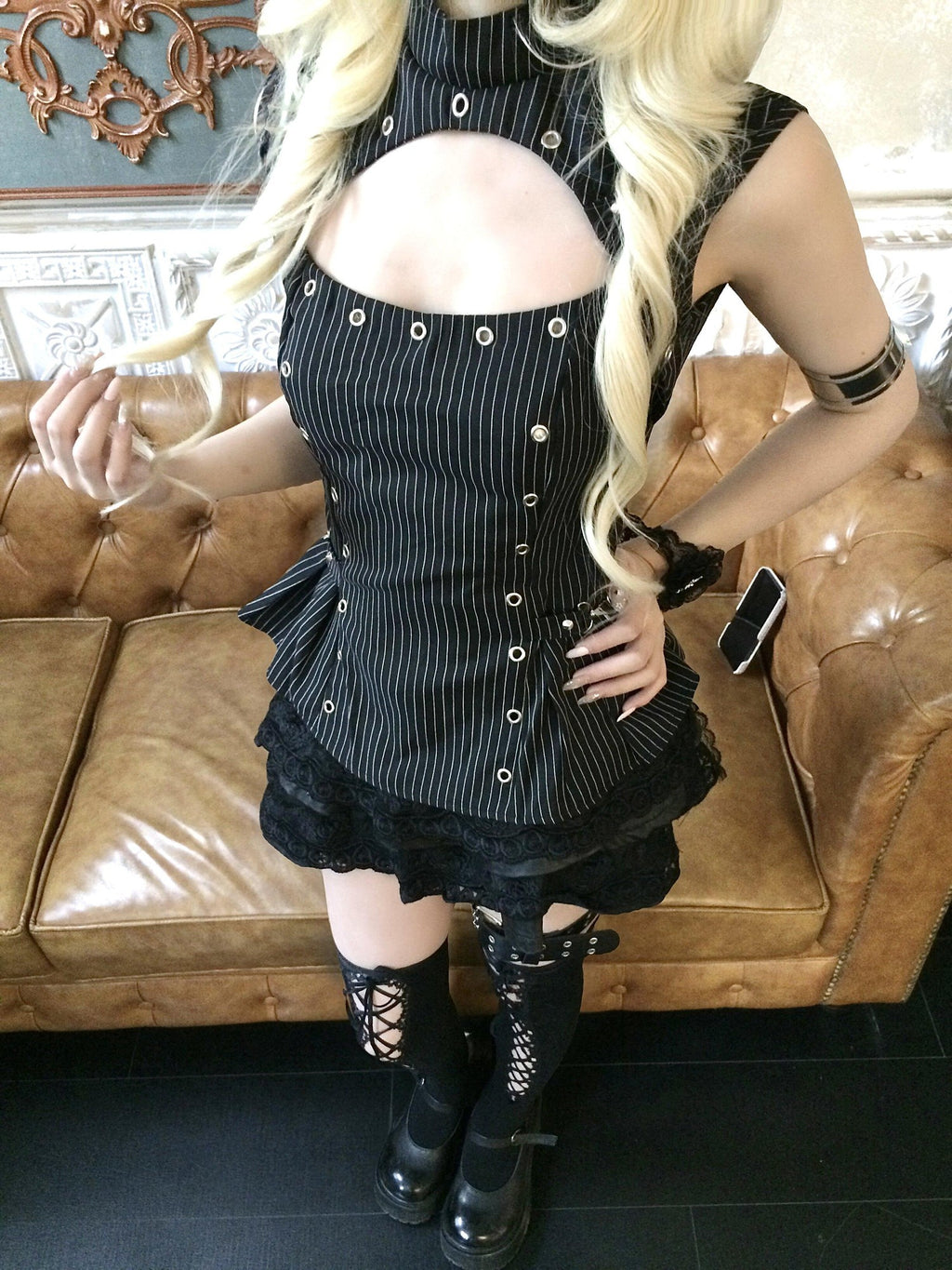 Sub Era Gothic Vintage Striped Metal Buckle Cutout Women's Polyester Tank Tops