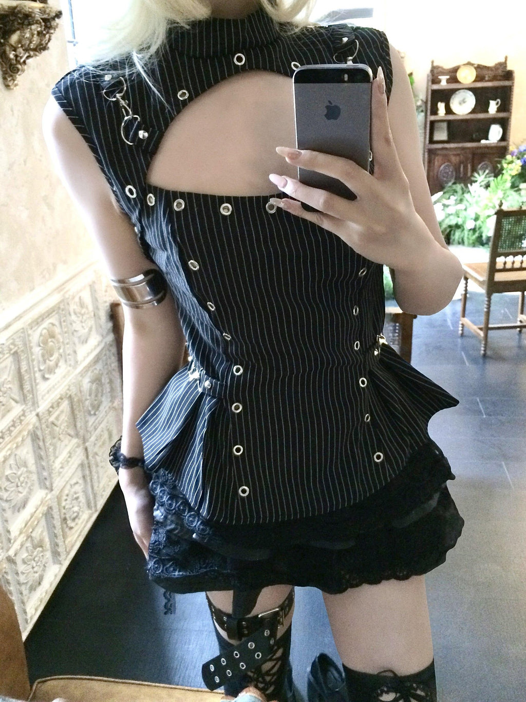 Sub Era Gothic Vintage Striped Metal Buckle Cutout Women's Polyester Tank Tops