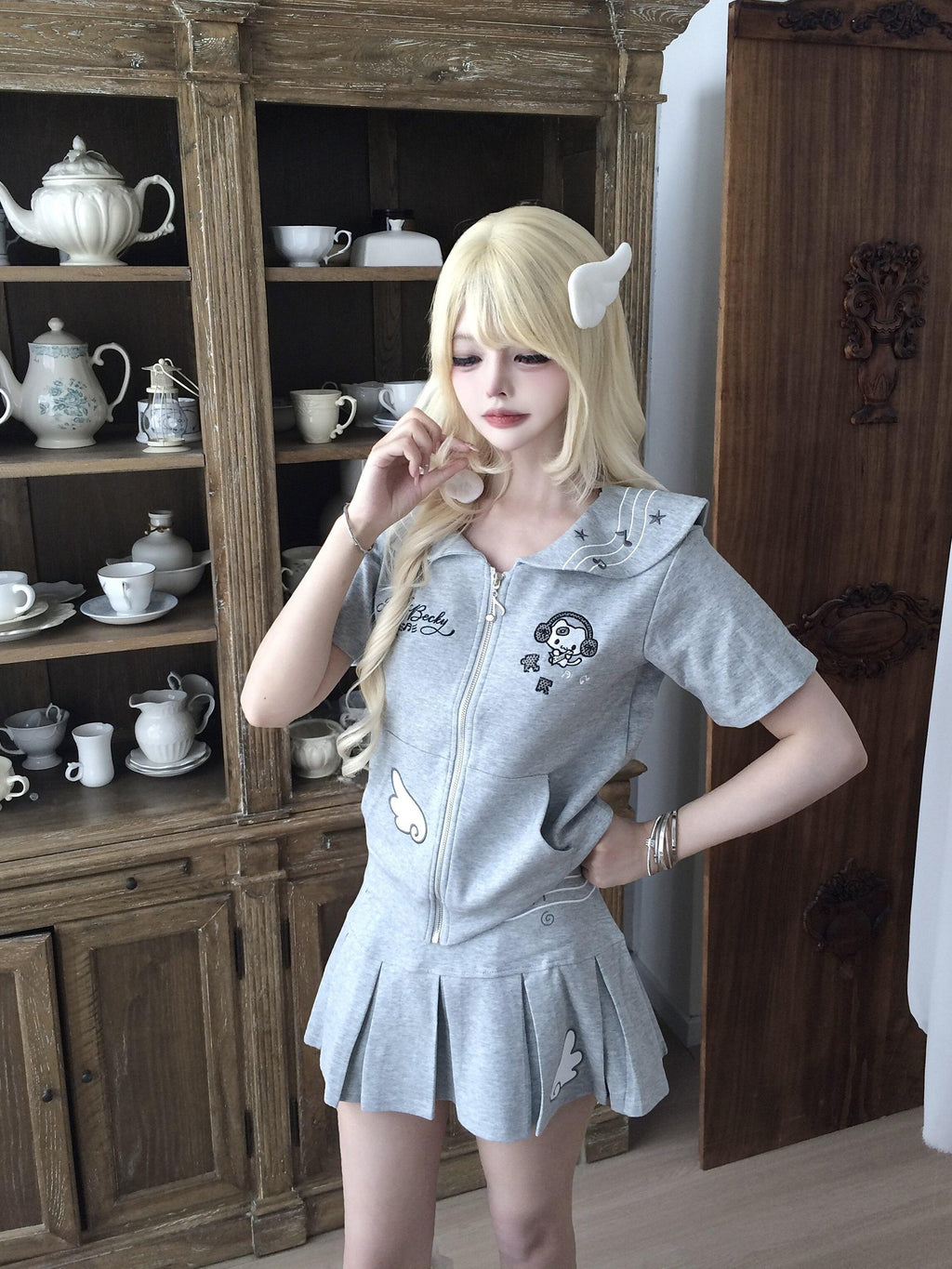 Sub Era Gray Cat Embroidered Hooded Cardigan Pleated Skirt Women's Matching Skirt Sets
