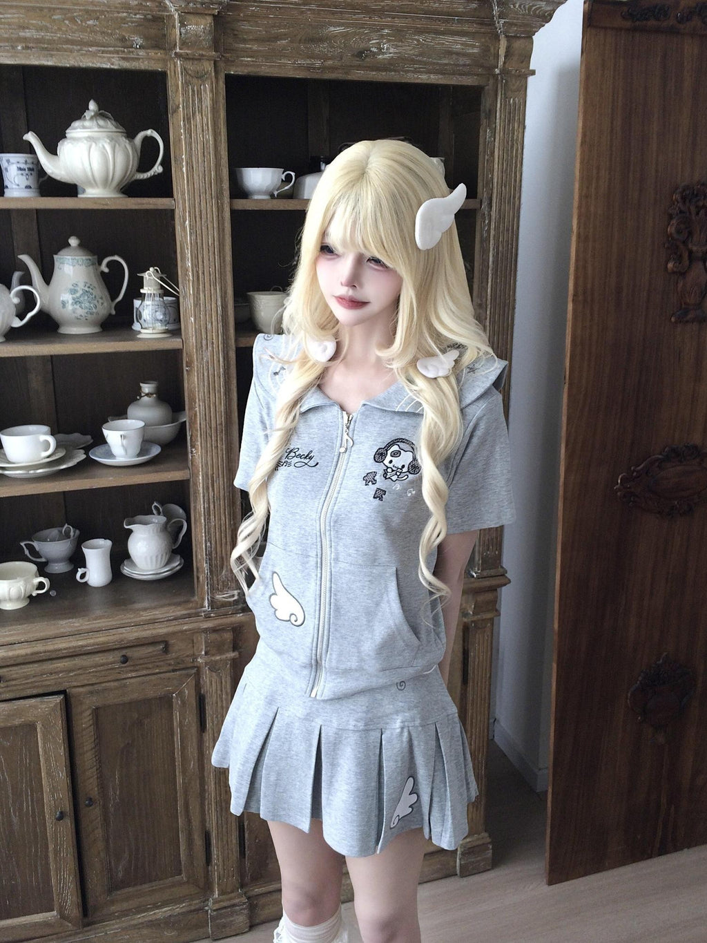Sub Era Gray Cat Embroidered Hooded Cardigan Pleated Skirt Women's Matching Skirt Sets