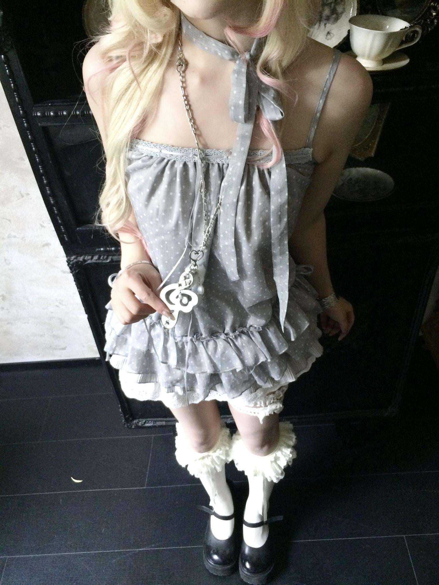 Sub Era Gray Layered Cake Skirt Lace Spliced Women's Lace Slip Mini Dresses