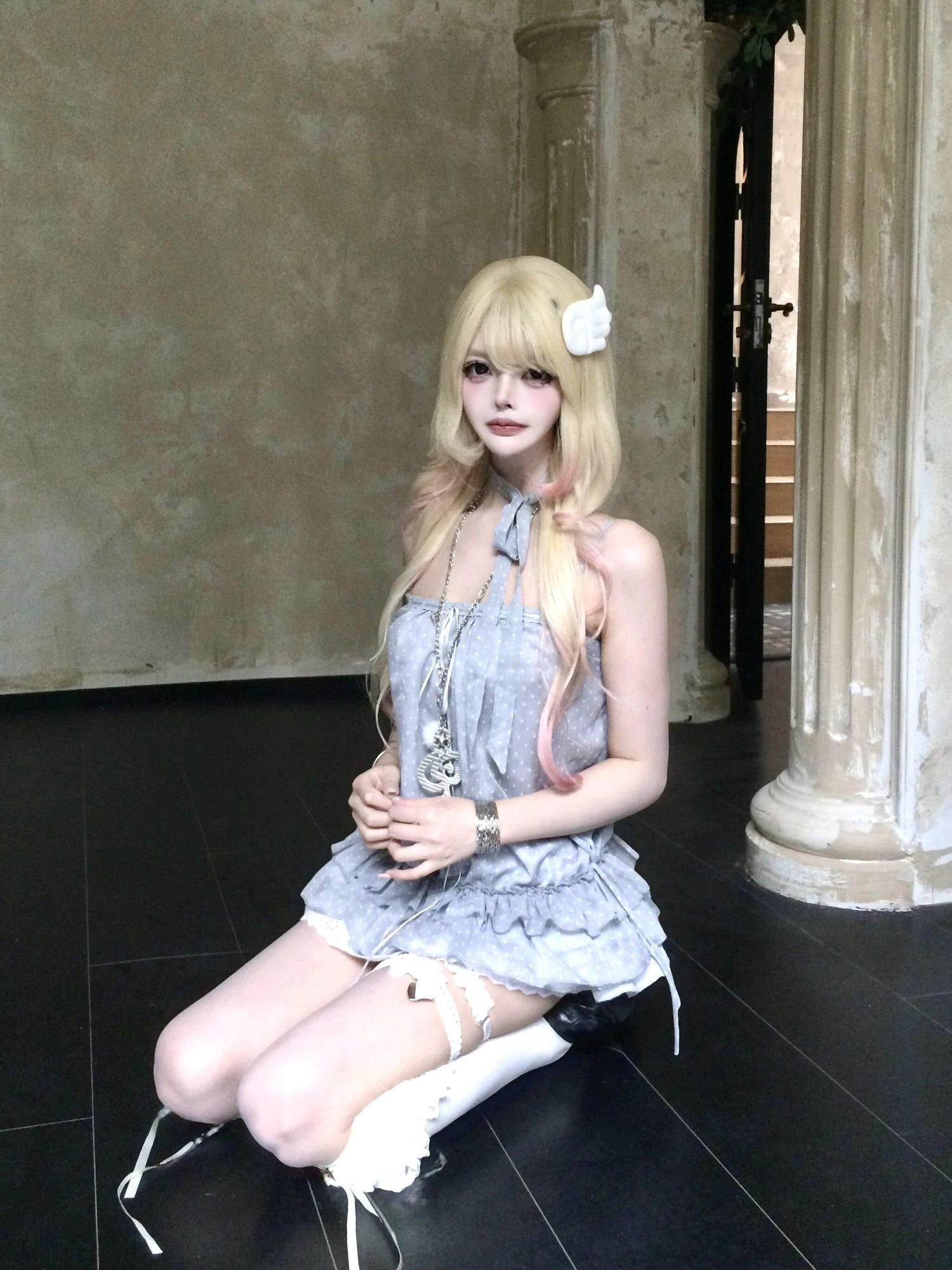 Sub Era Gray Layered Cake Skirt Lace Spliced Women's Lace Slip Mini Dresses