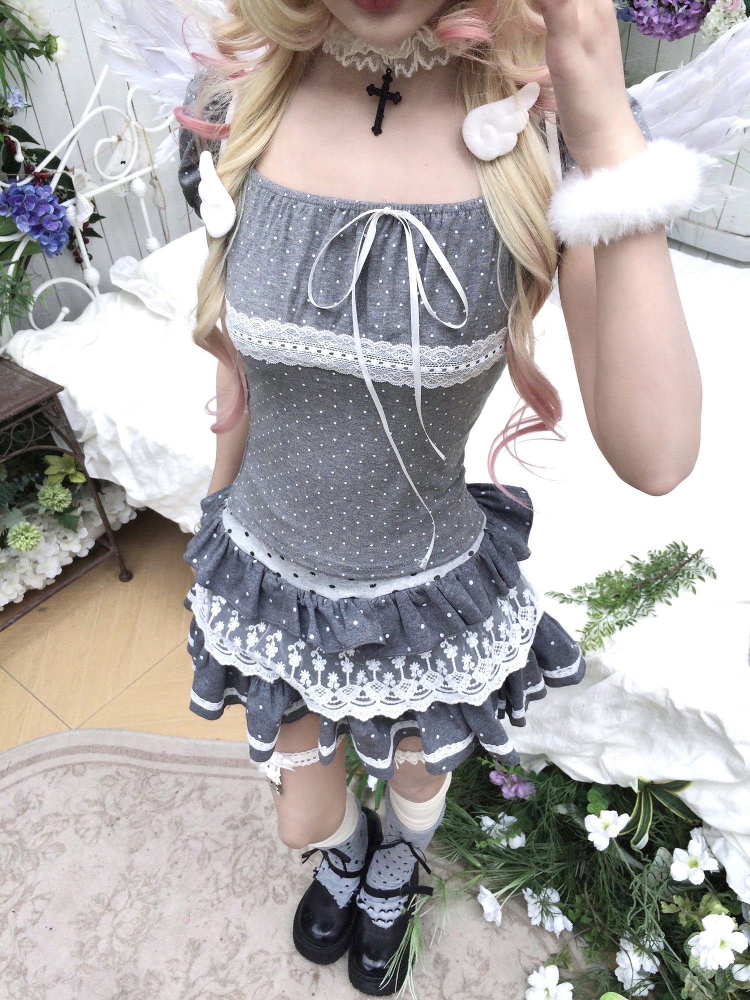 Sub Era Gray Polka Dot Lace Tie Waist Bardot Neck Women's Short Sleeve T-shirts
