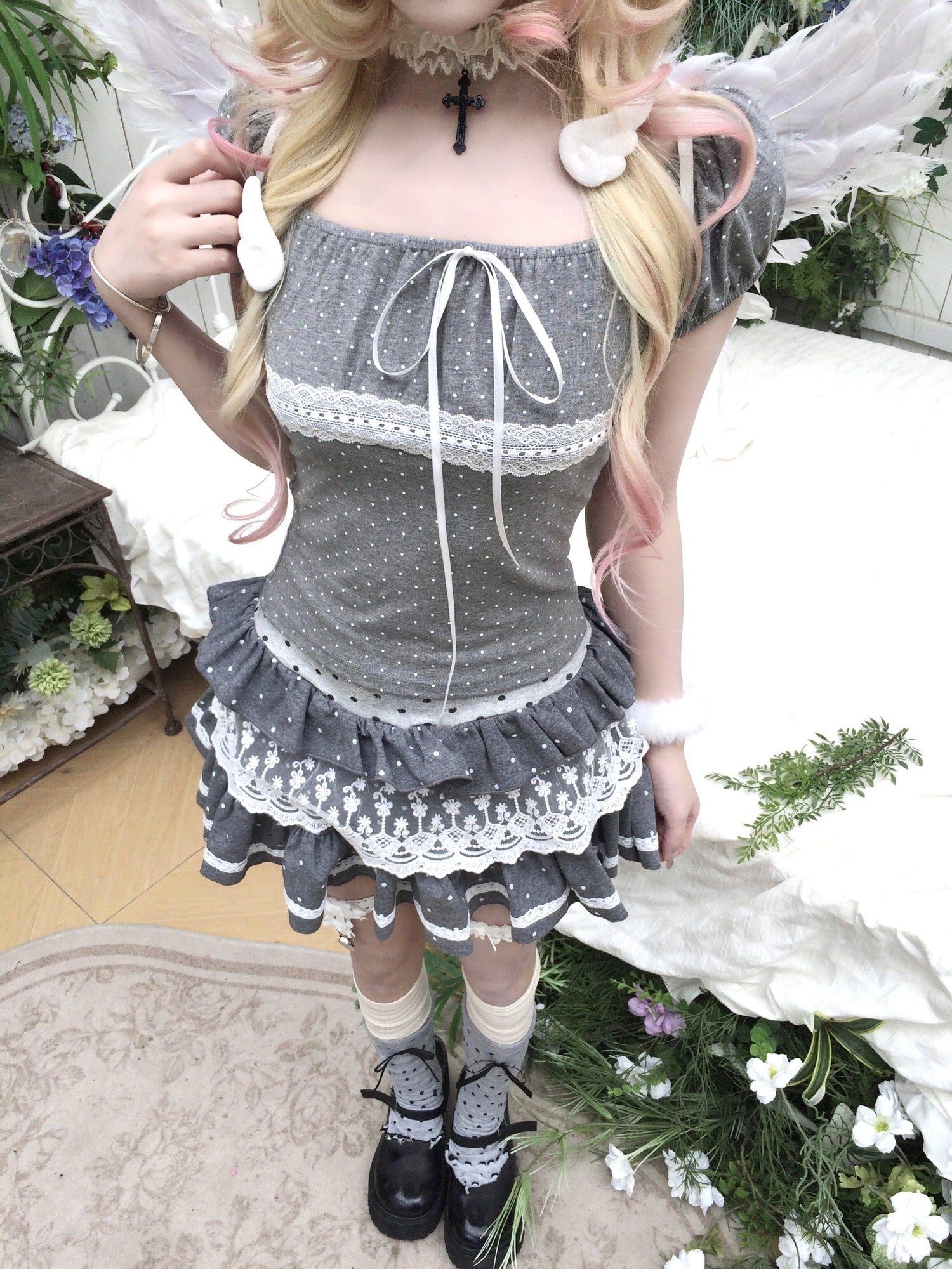 Sub Era Gray Polka Dot Lace Tie Waist Bardot Neck Women's Short Sleeve T-shirts