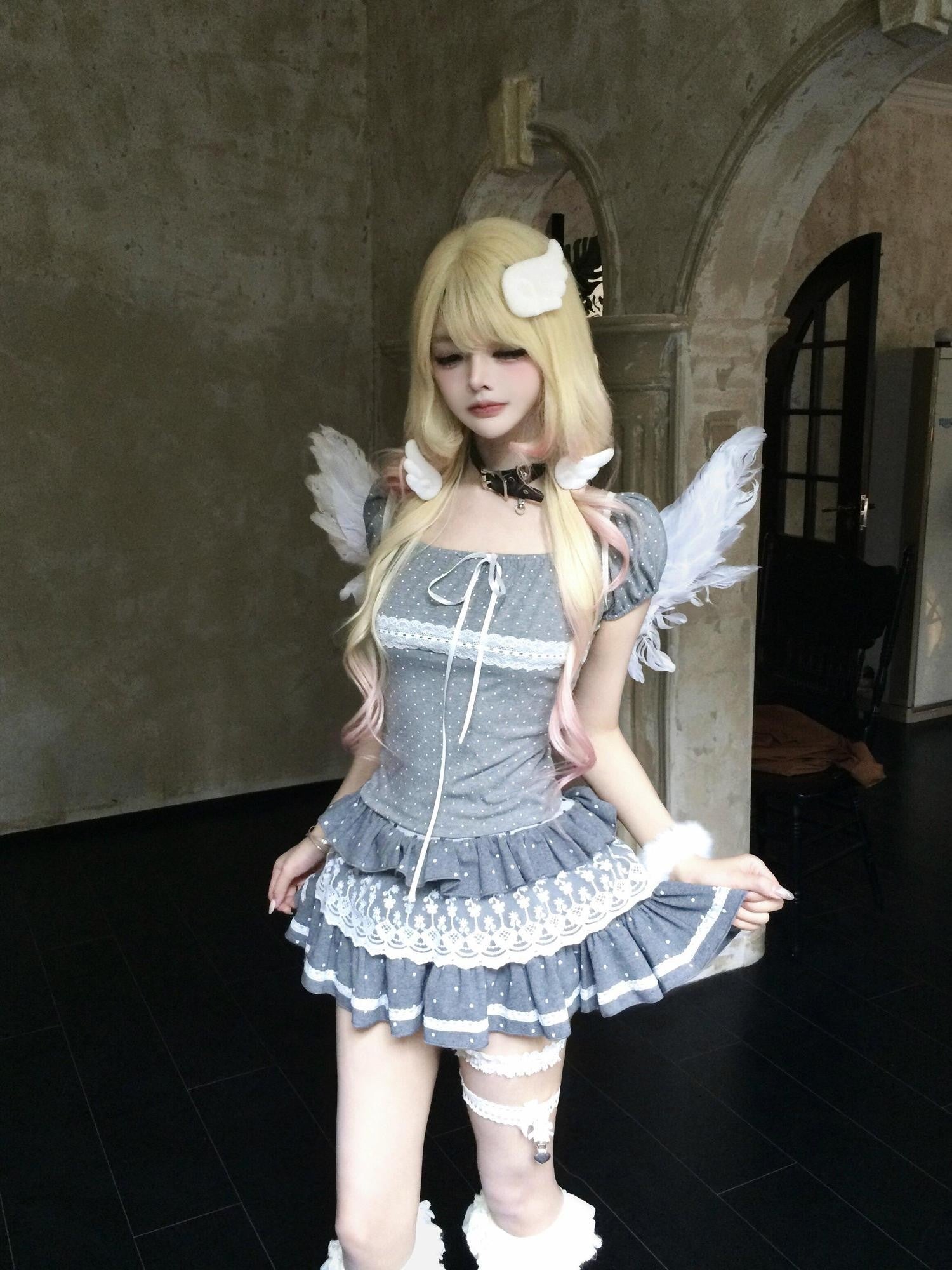Sub Era Gray Polka Dot Lace Tie Waist Bardot Neck Women's Short Sleeve T-shirts