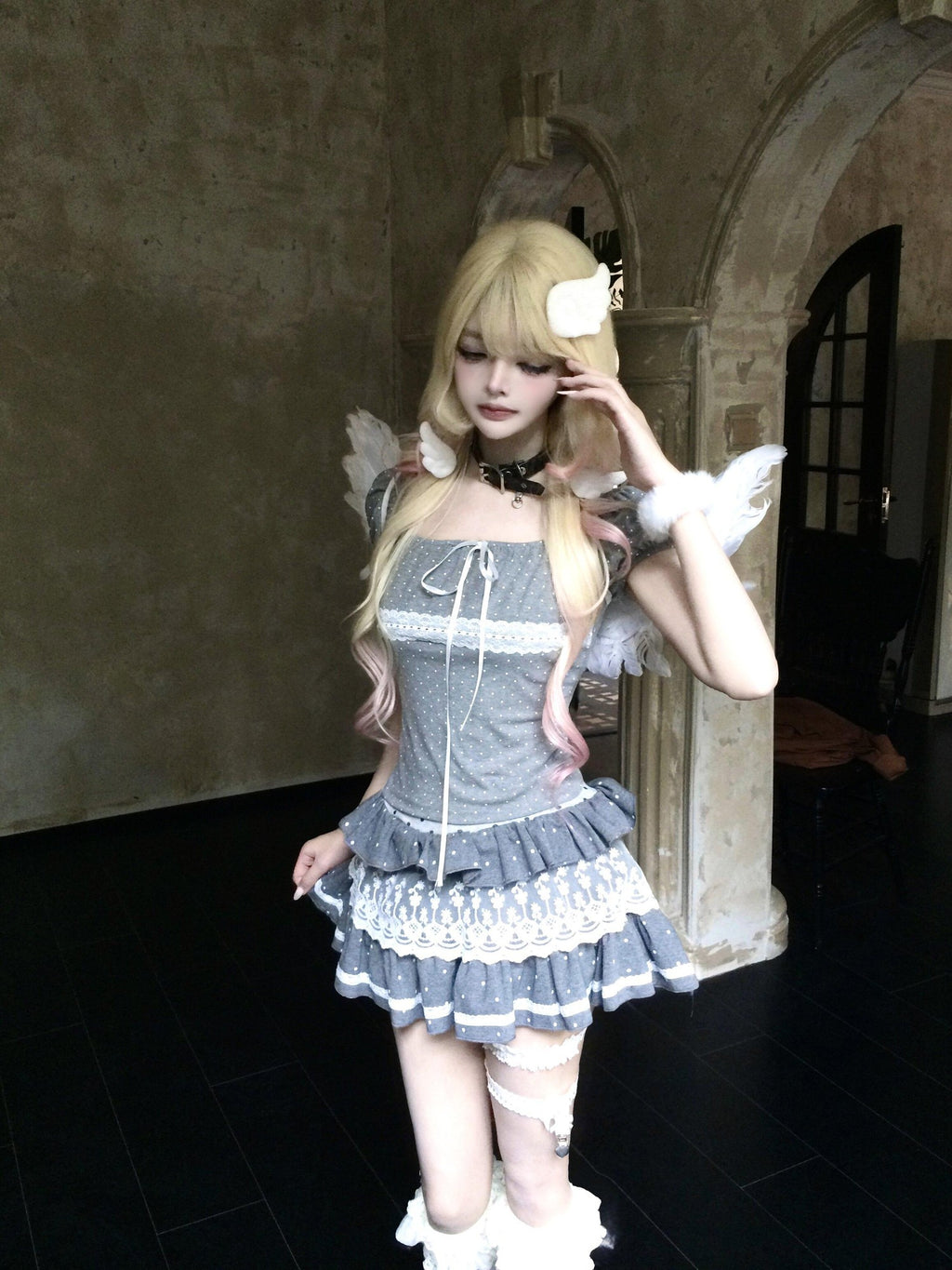 Sub Era Gray Polka Dot Lace Tie Waist Bardot Neck Women's Short Sleeve T-shirts