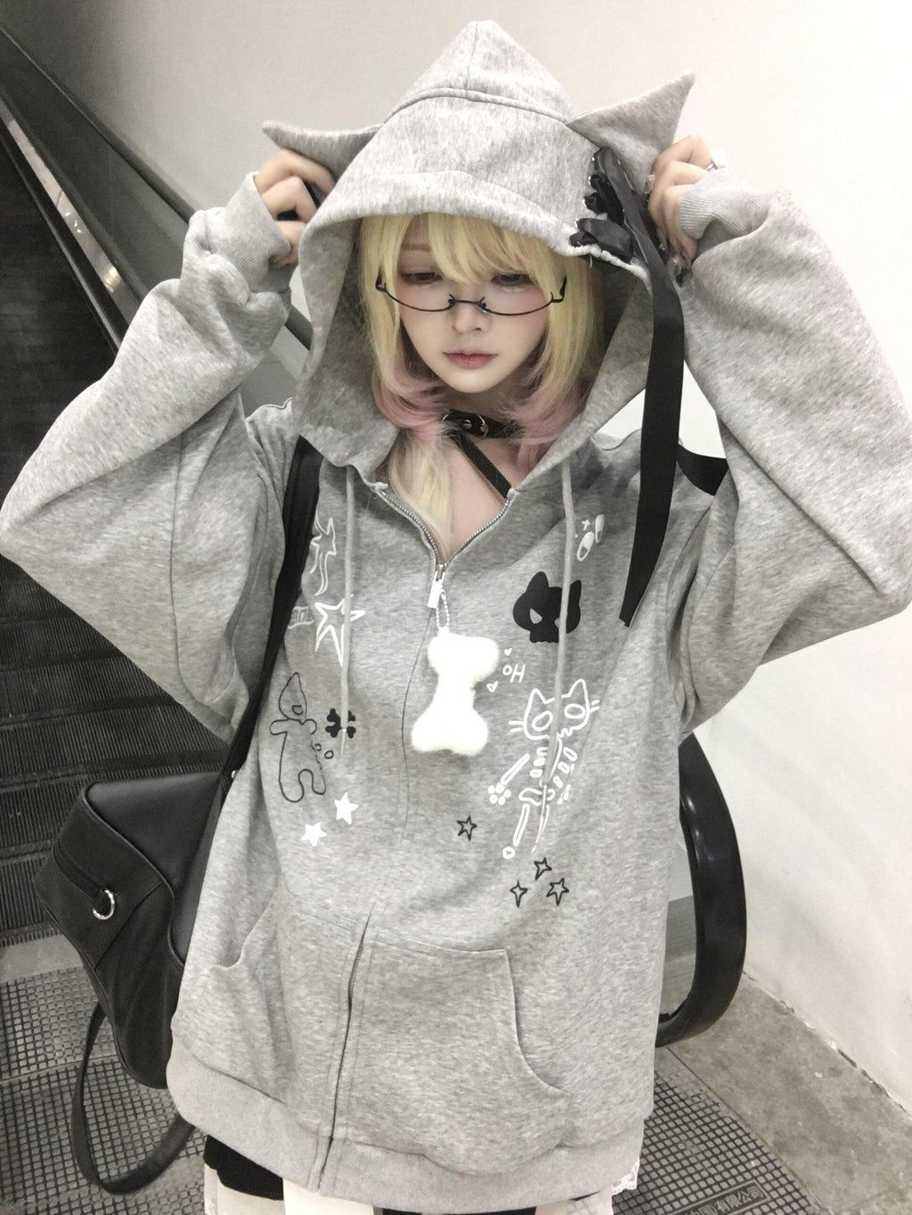 Sub Era Gray Skull Cat Ear Print Oversized Women's Polyester Zip-up Hoodies