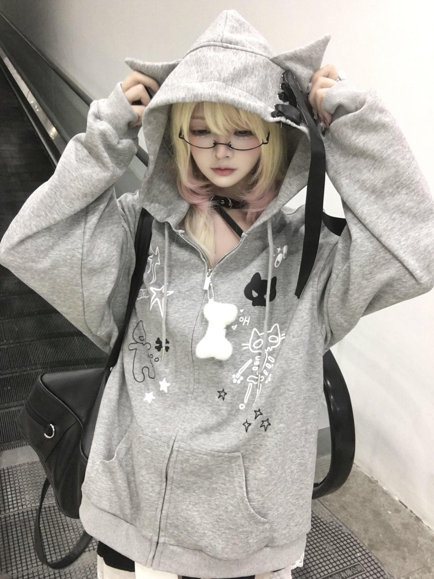 Sub Era Gray Skull Cat Ear Print Oversized Women's Polyester Zip-up Hoodies