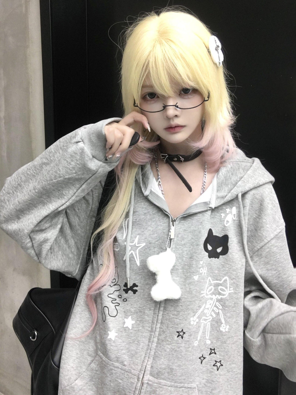 Sub Era Gray Skull Cat Ear Print Oversized Women's Polyester Zip-up Hoodies