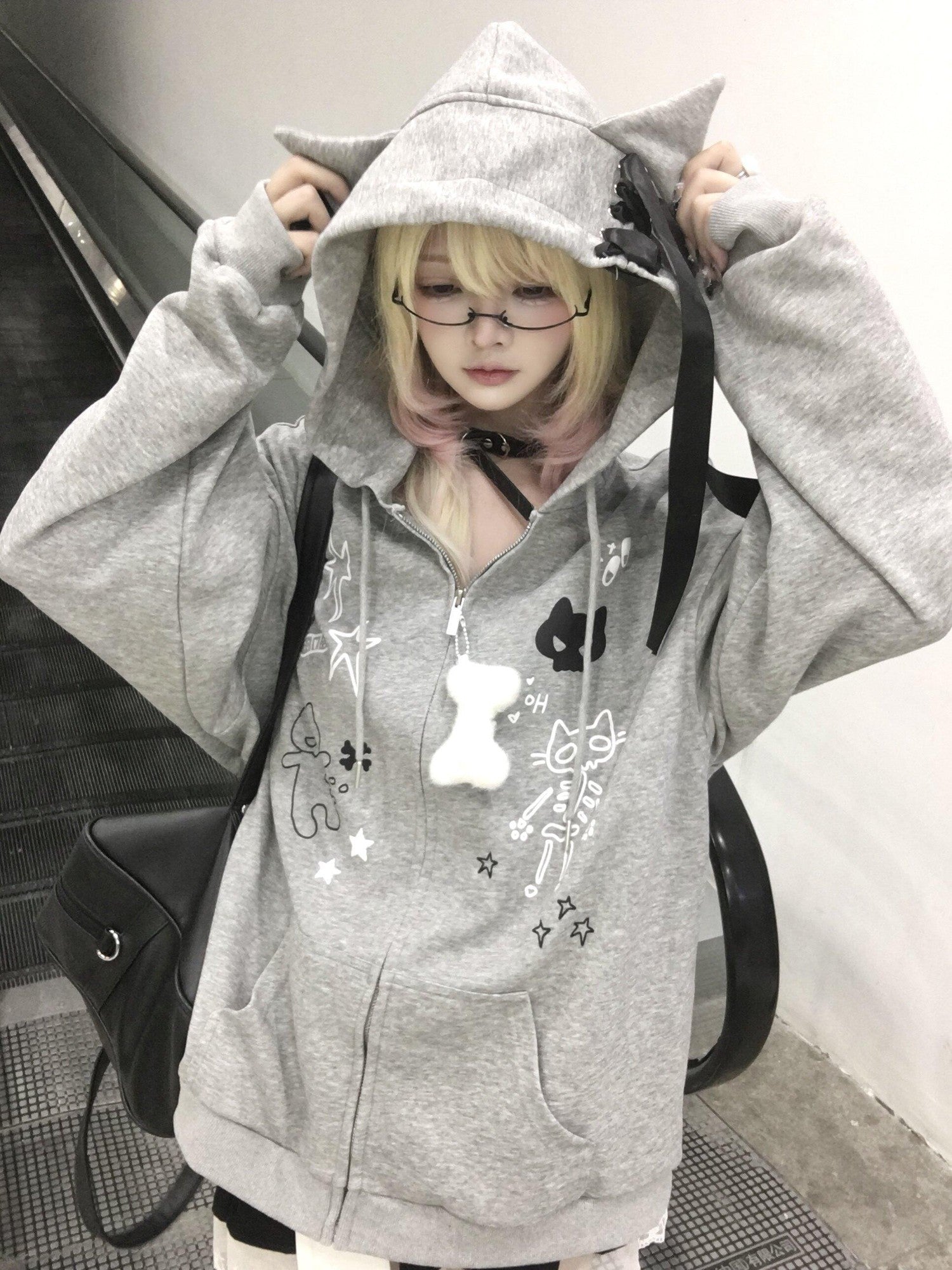 Sub Era Gray Skull Cat Ear Print Oversized Women's Polyester Zip-up Hoodies