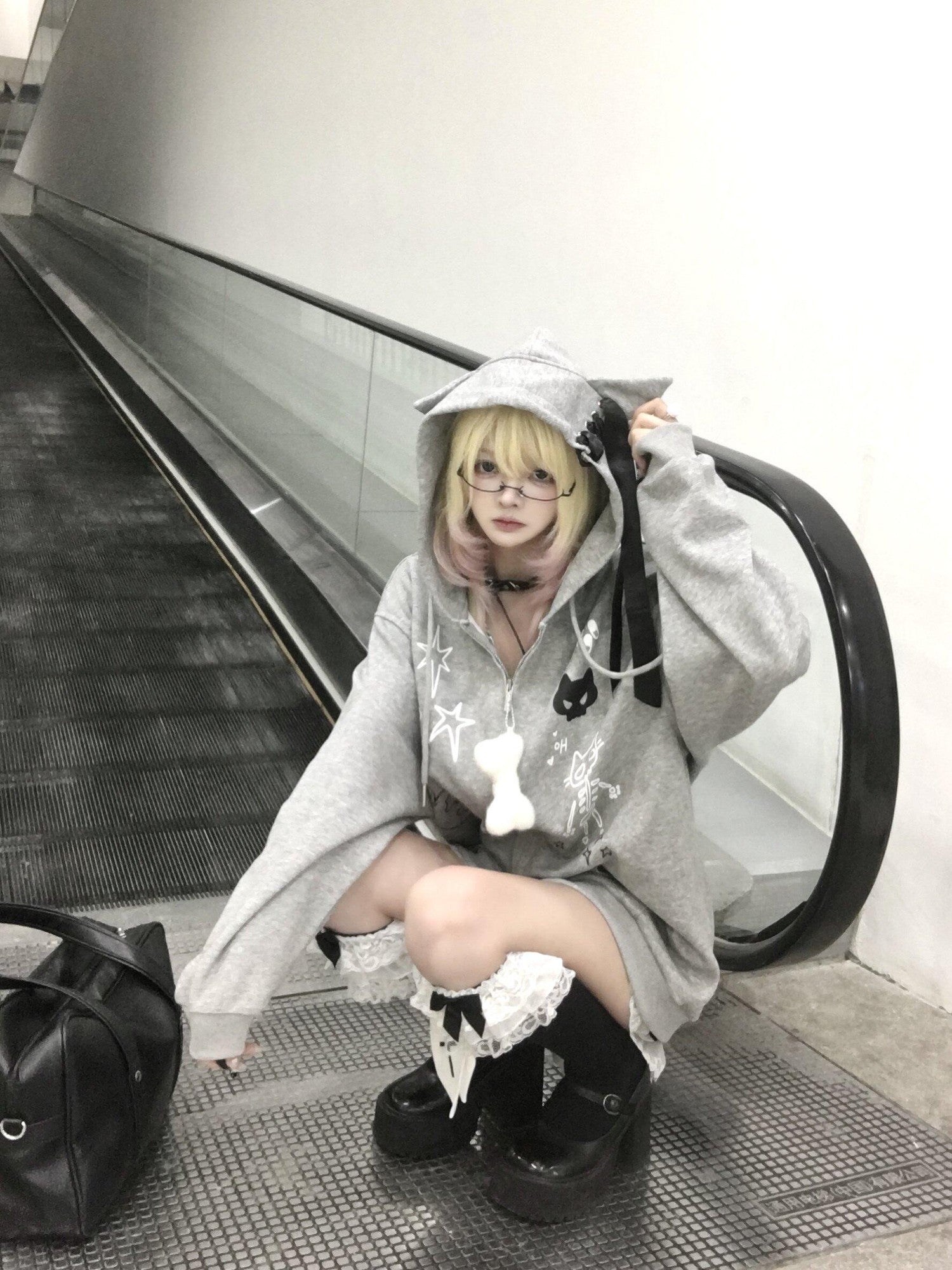 Sub Era Gray Skull Cat Ear Print Oversized Women's Polyester Zip-up Hoodies