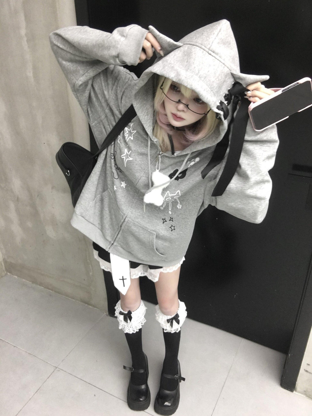 Sub Era Gray Skull Cat Ear Print Oversized Women's Polyester Zip-up Hoodies