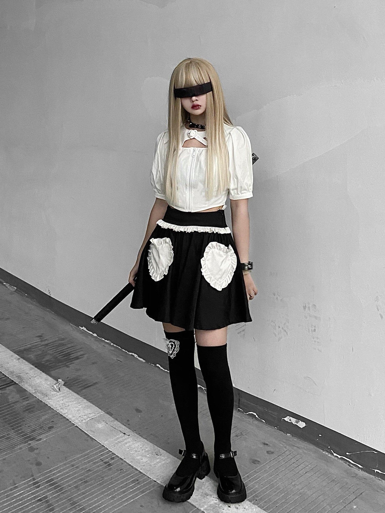 Sub Era Heart Accent High Waist Elastic Japanese Women's Polyester A-line Skirts