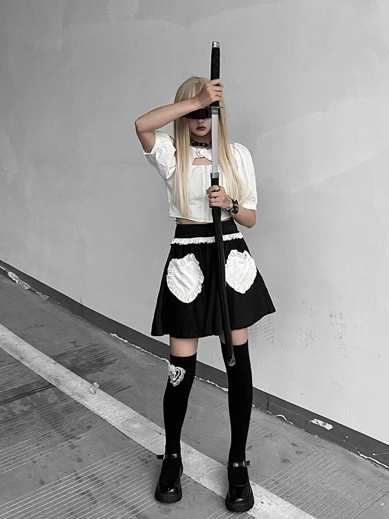 Sub Era Heart Accent High Waist Elastic Japanese Women's Polyester A-line Skirts
