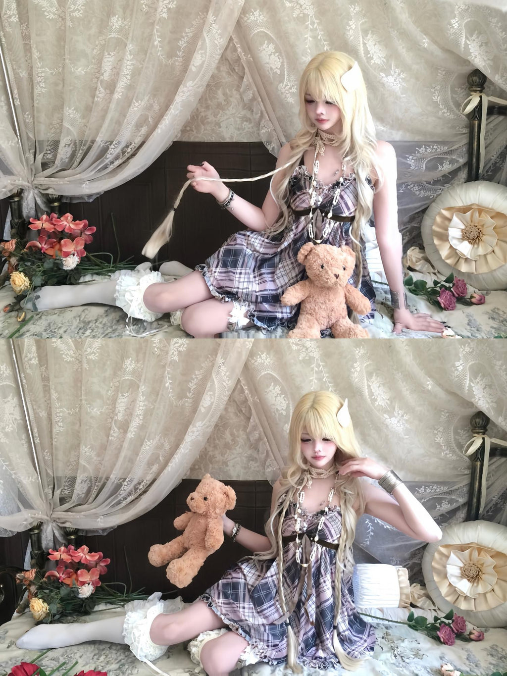 Sub Era Japanese Plaid Lace Tie Strappy A Line Women's Polyester Slip Mini Dresses