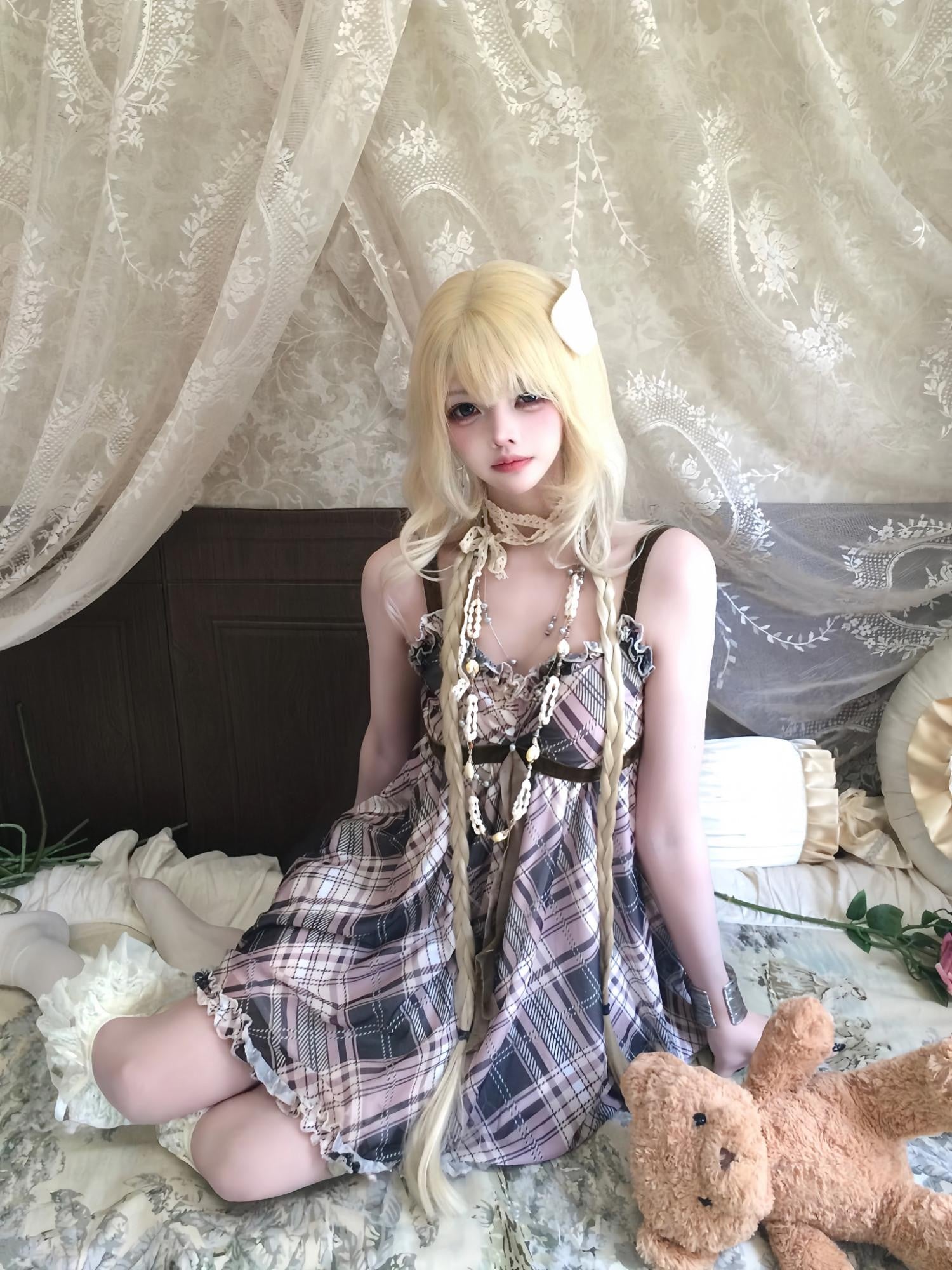 Sub Era Japanese Plaid Lace Tie Strappy A Line Women's Polyester Slip Mini Dresses