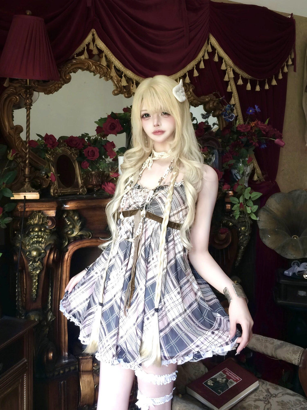 Sub Era Japanese Plaid Lace Tie Strappy A Line Women's Polyester Slip Mini Dresses