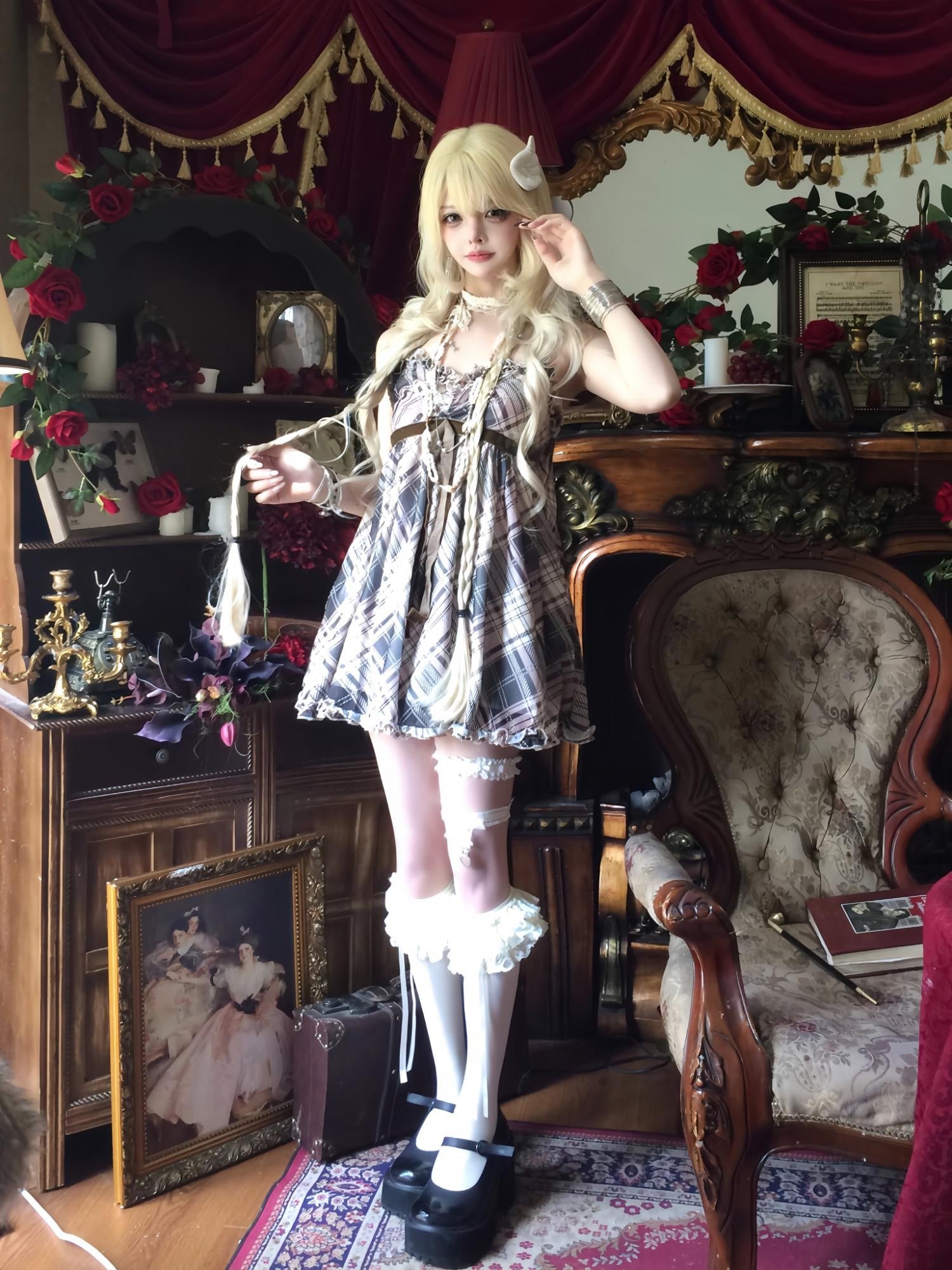 Sub Era Japanese Plaid Lace Tie Strappy A Line Women's Polyester Slip Mini Dresses