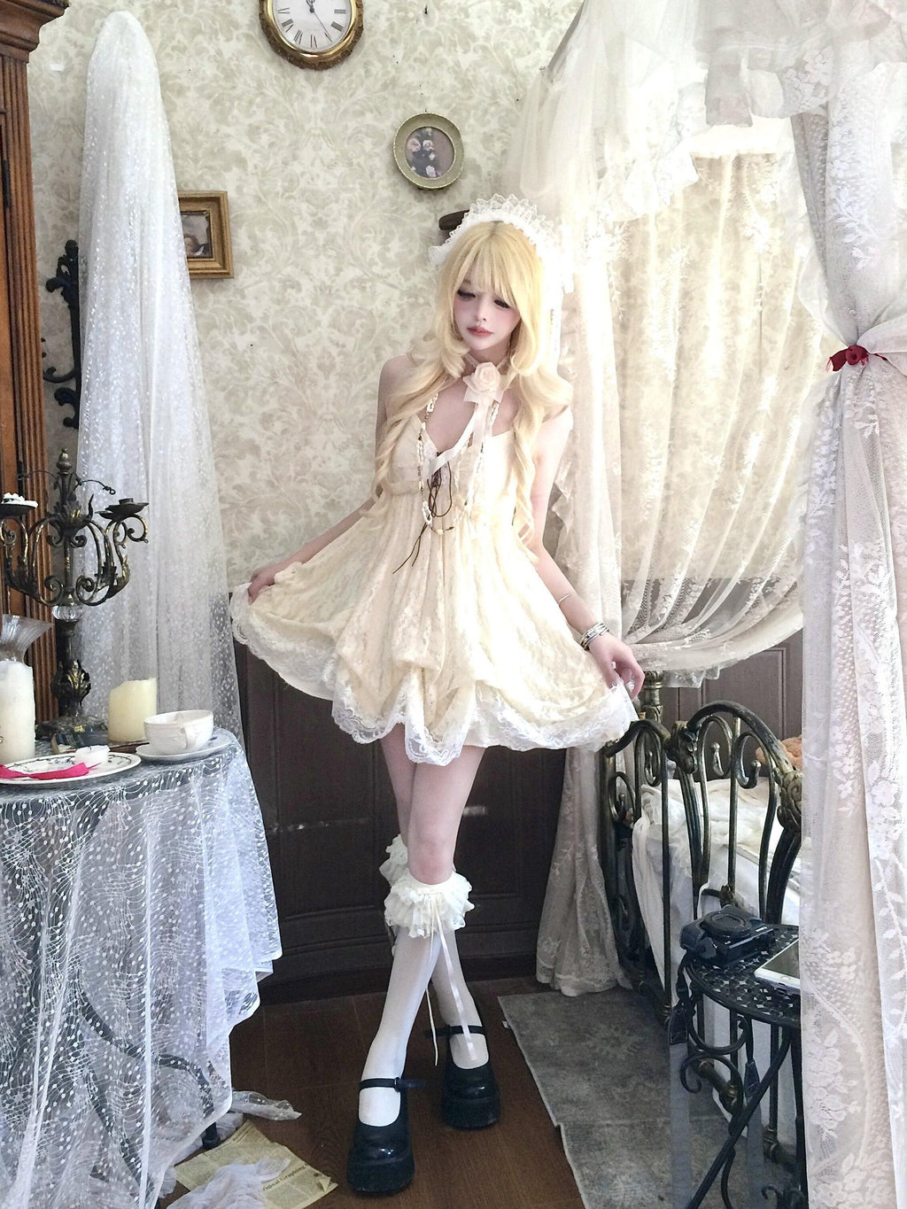 Sub Era Japanese Vintage Lace Sling A Line Women's Polyester Casual Mini Dresses