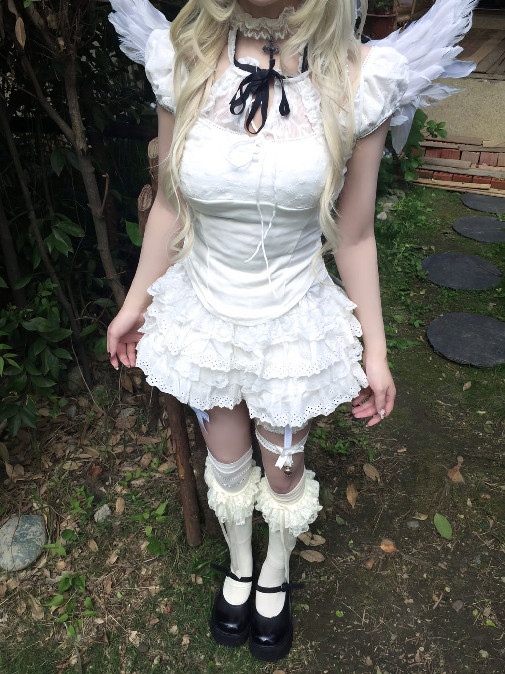 Sub_Era_Lace_Spliced_Bow_Short_Sleeve_Tiered_Women's_Polyester_Matching_Skirt_Sets_1041071535292_MISSTT